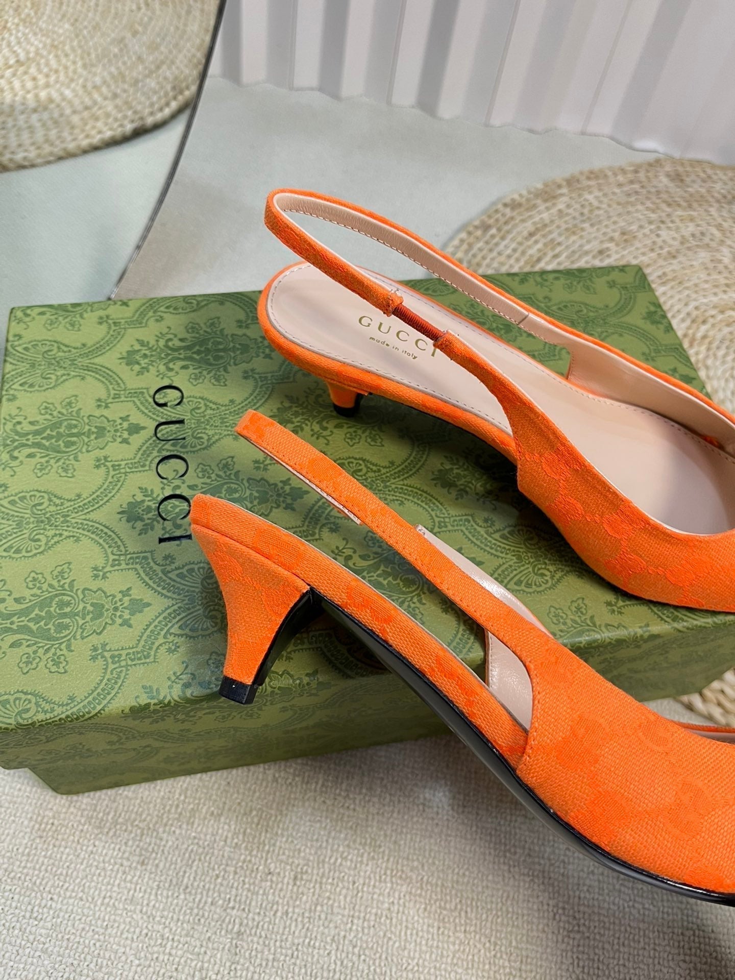 GC Horsebit Slingback Pump 50mm Orange Canvas Sheepskin 294544