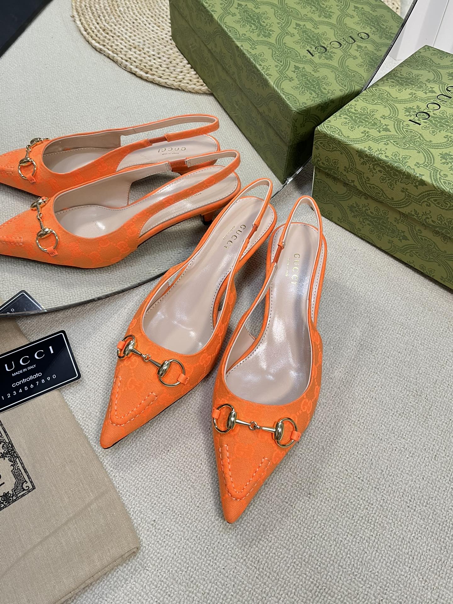 GC Horsebit Slingback Pump 50mm Orange Canvas Sheepskin 294544