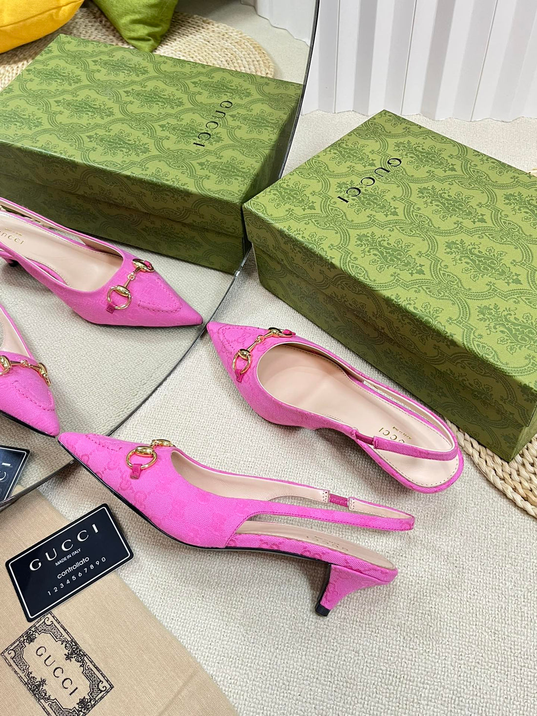 GC Horsebit Slingback Pump 50mm Pink Canvas Sheepskin 294547