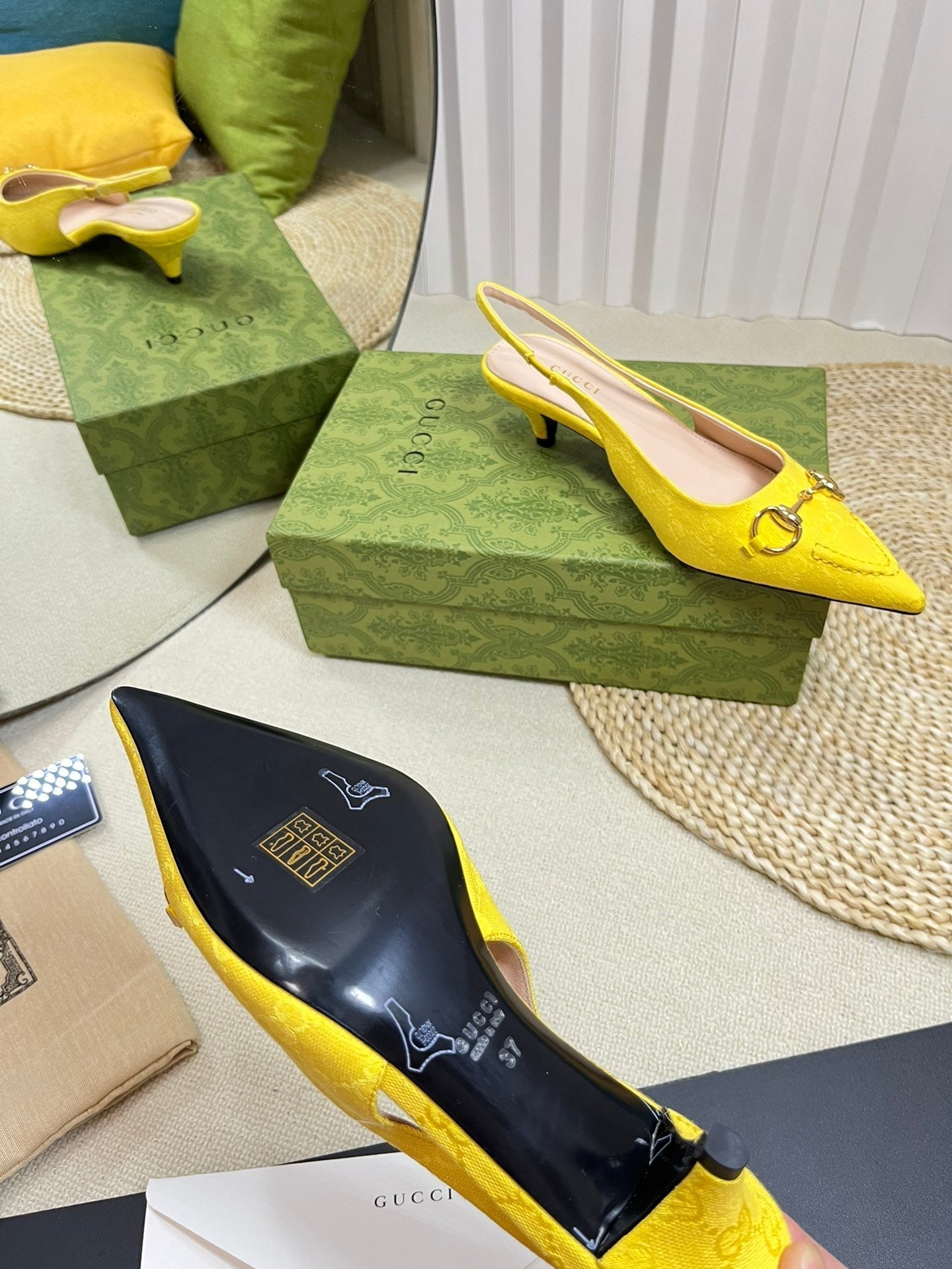 GC Horsebit Slingback Pump 50mm Yellow Canvas Sheepskin 294545