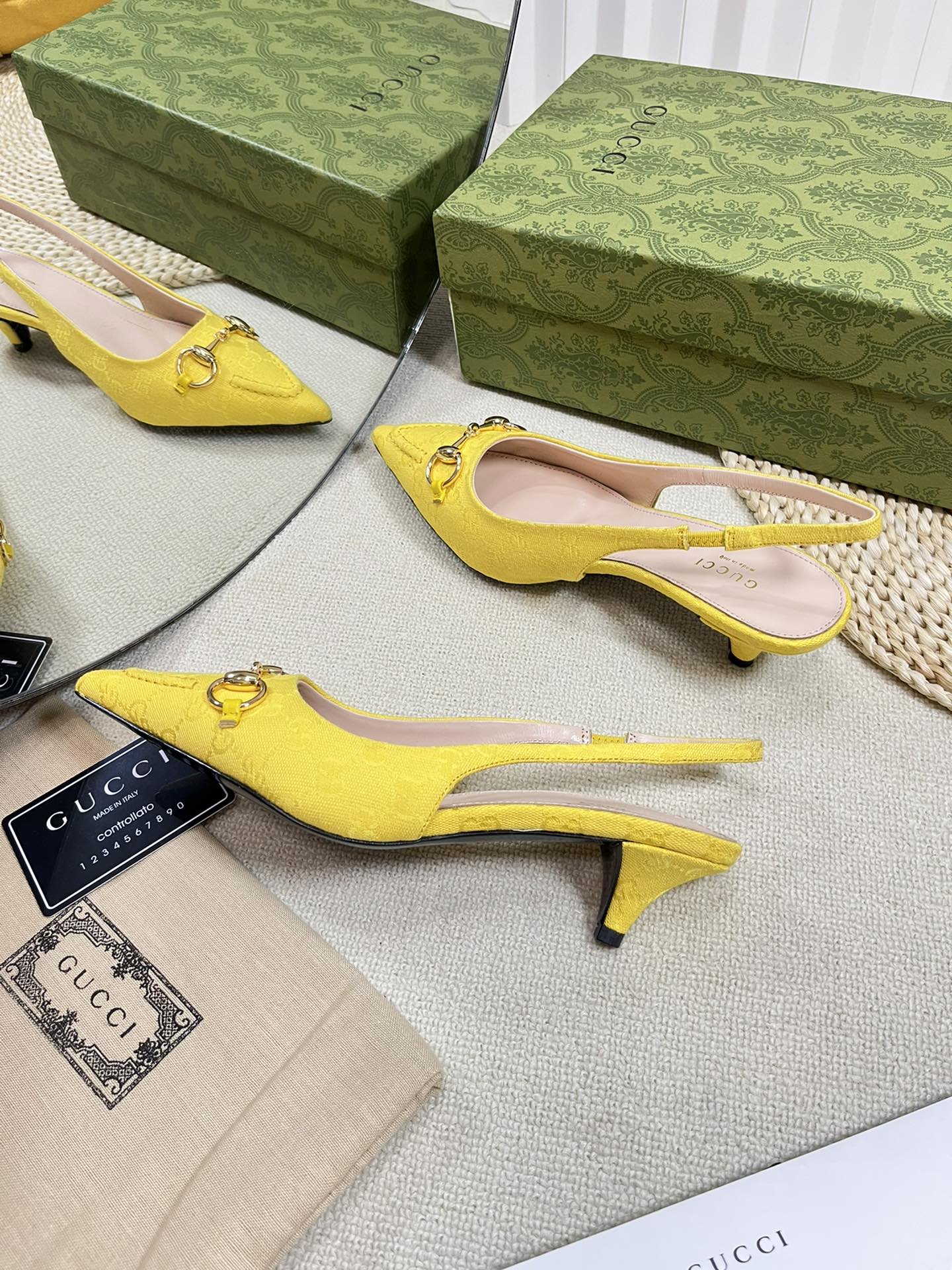 GC Horsebit Slingback Pump 50mm Yellow Canvas Sheepskin 294545