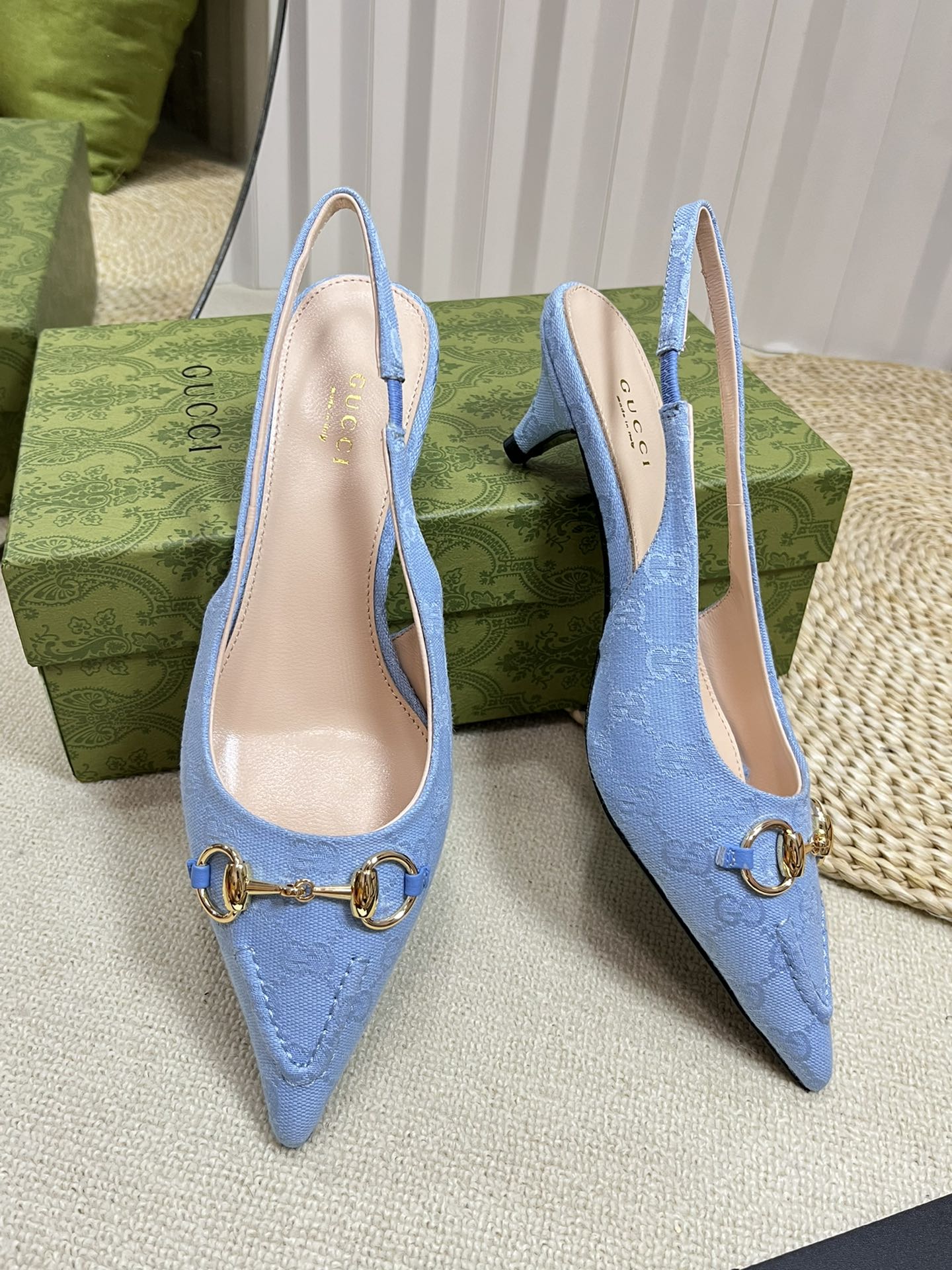 GC Horsebit Slingback Pump 50mm Blue Canvas Sheepskin 294546