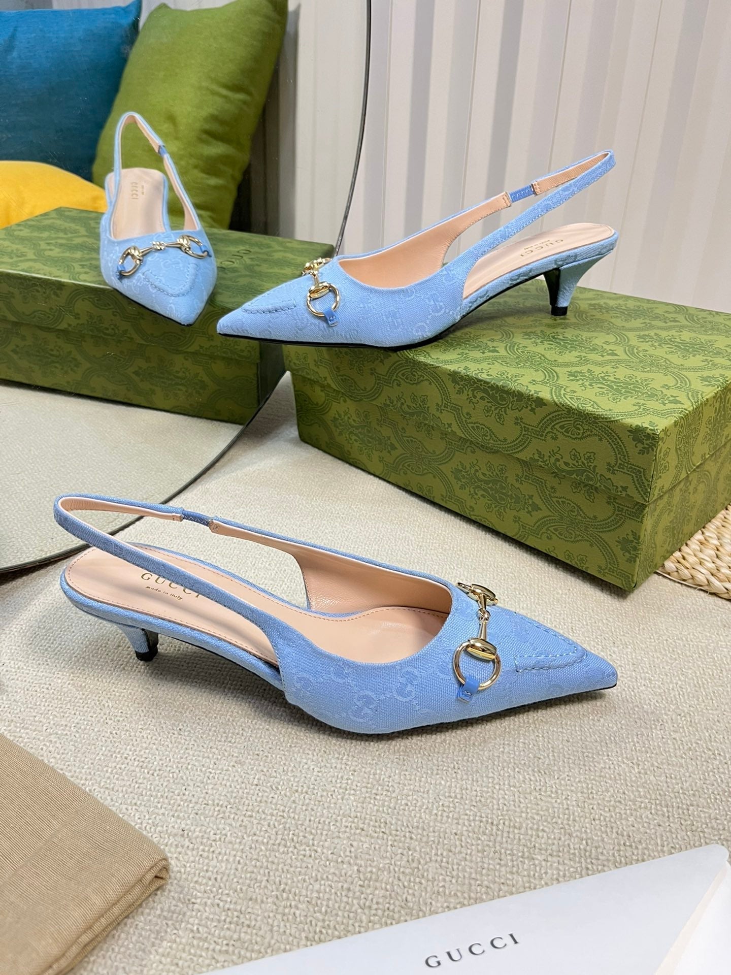 GC Horsebit Slingback Pump 50mm Blue Canvas Sheepskin 294546