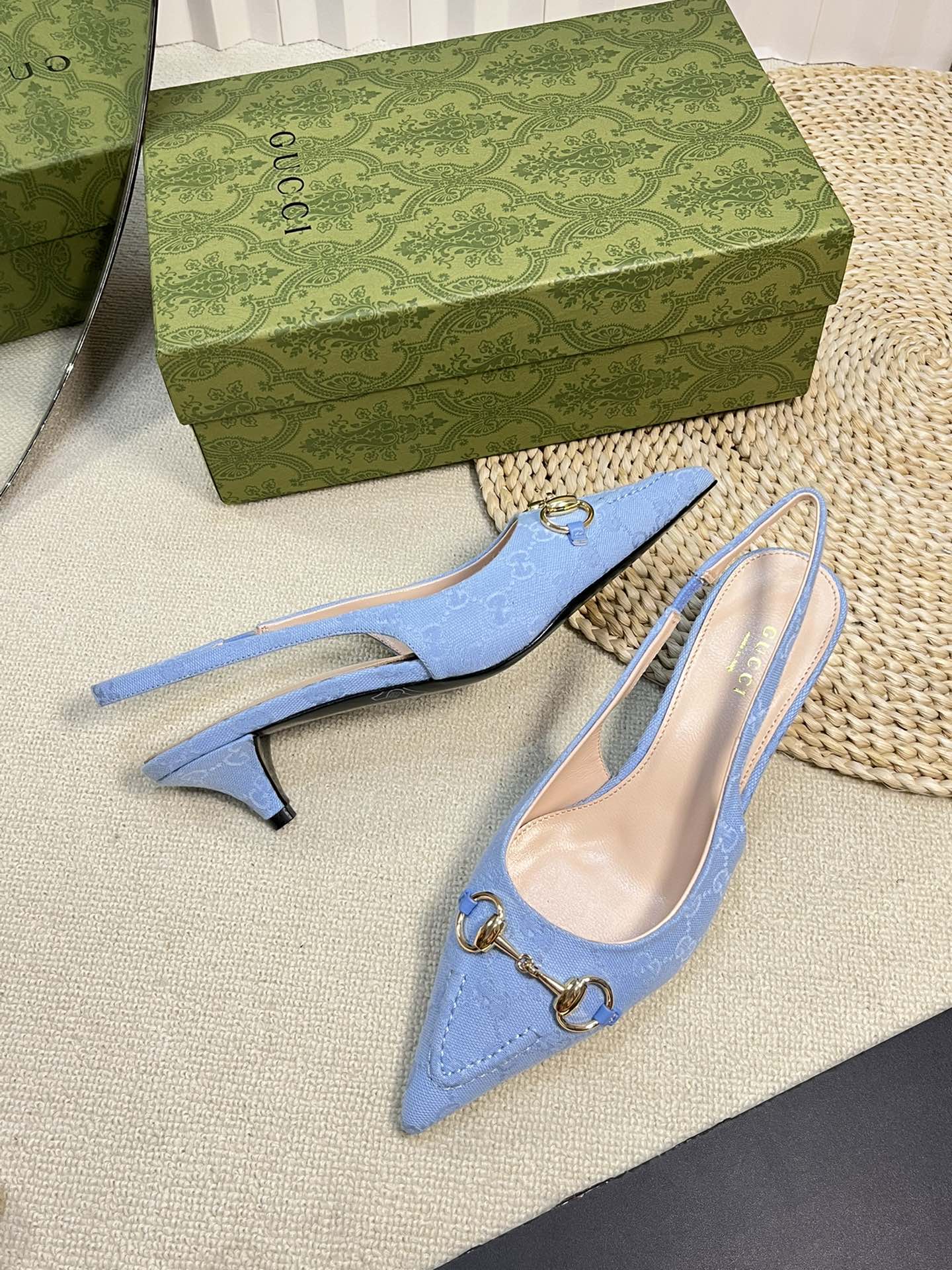 GC Horsebit Slingback Pump 50mm Blue Canvas Sheepskin 294546