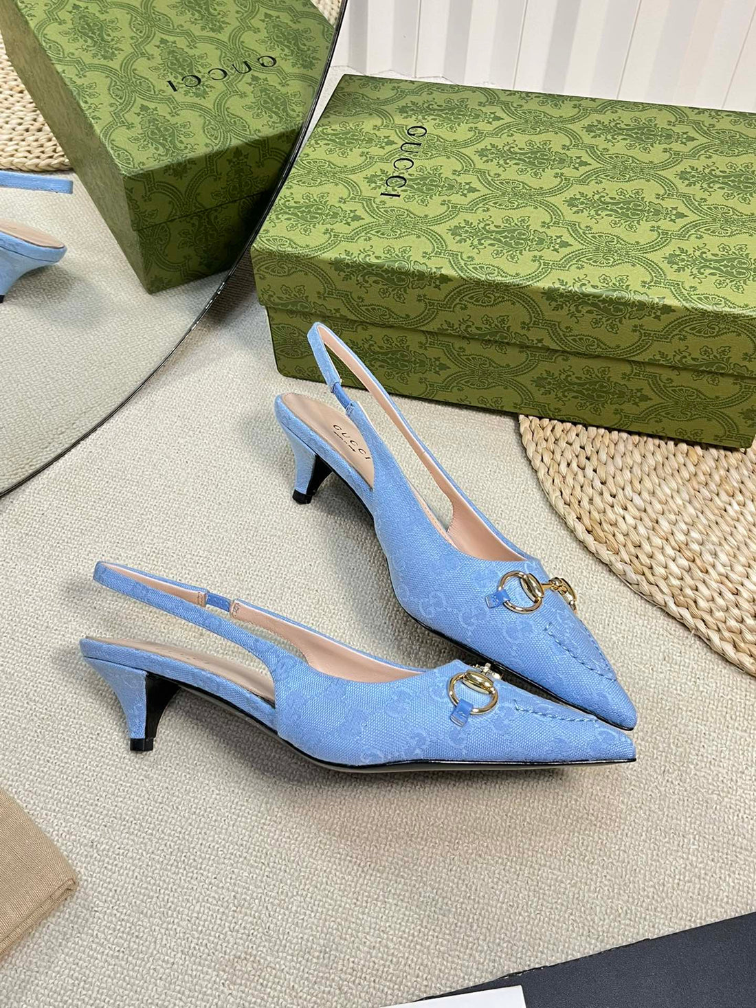 GC Horsebit Slingback Pump 50mm Blue Canvas Sheepskin 294546