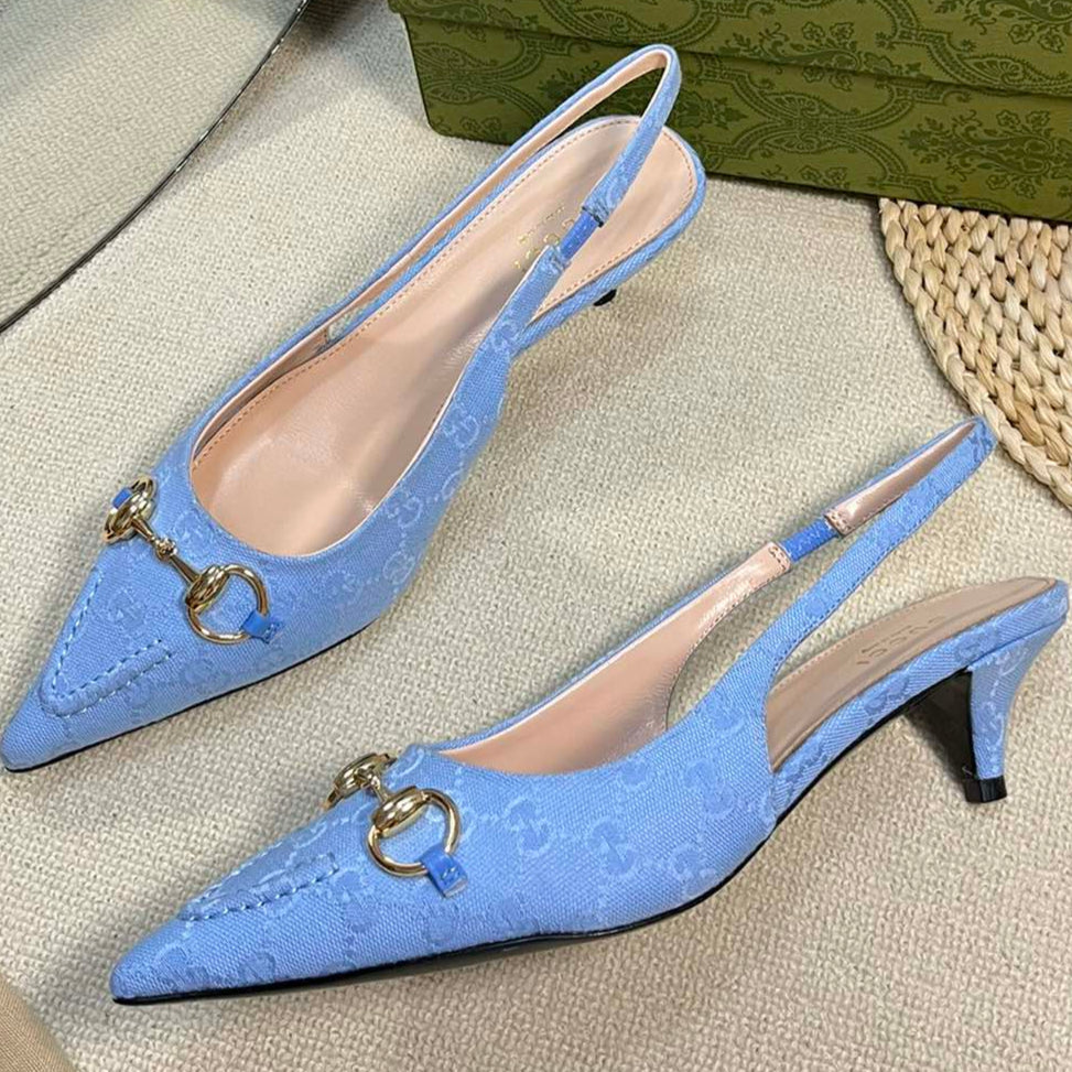GC Horsebit Slingback Pump 50mm Blue Canvas Sheepskin 294546