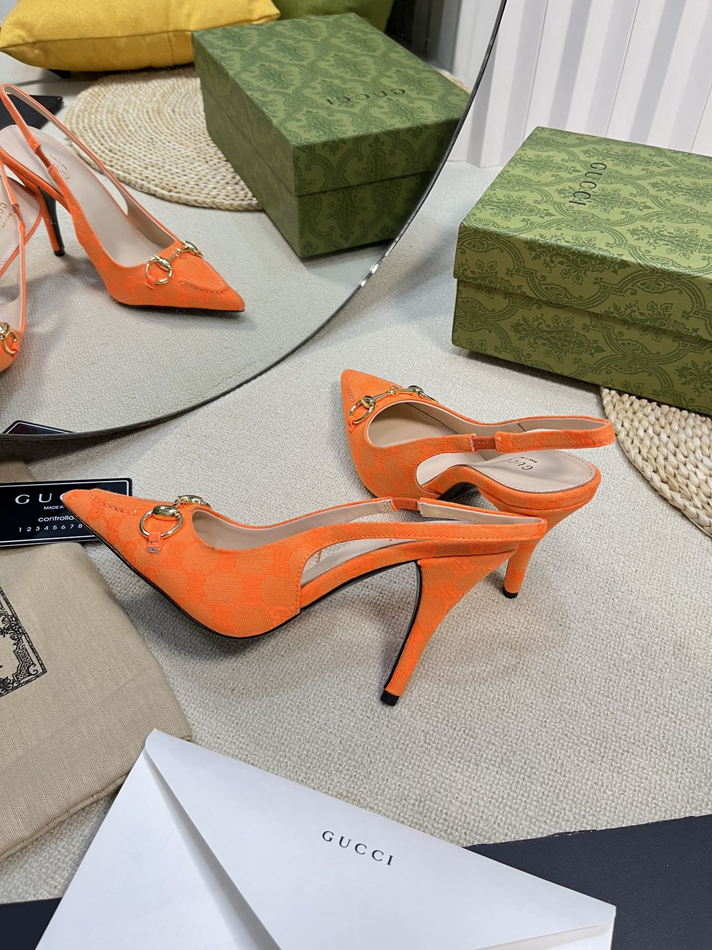 GC Horsebit Slingback Pump 100mm Orange Canvas Sheepskin 294548