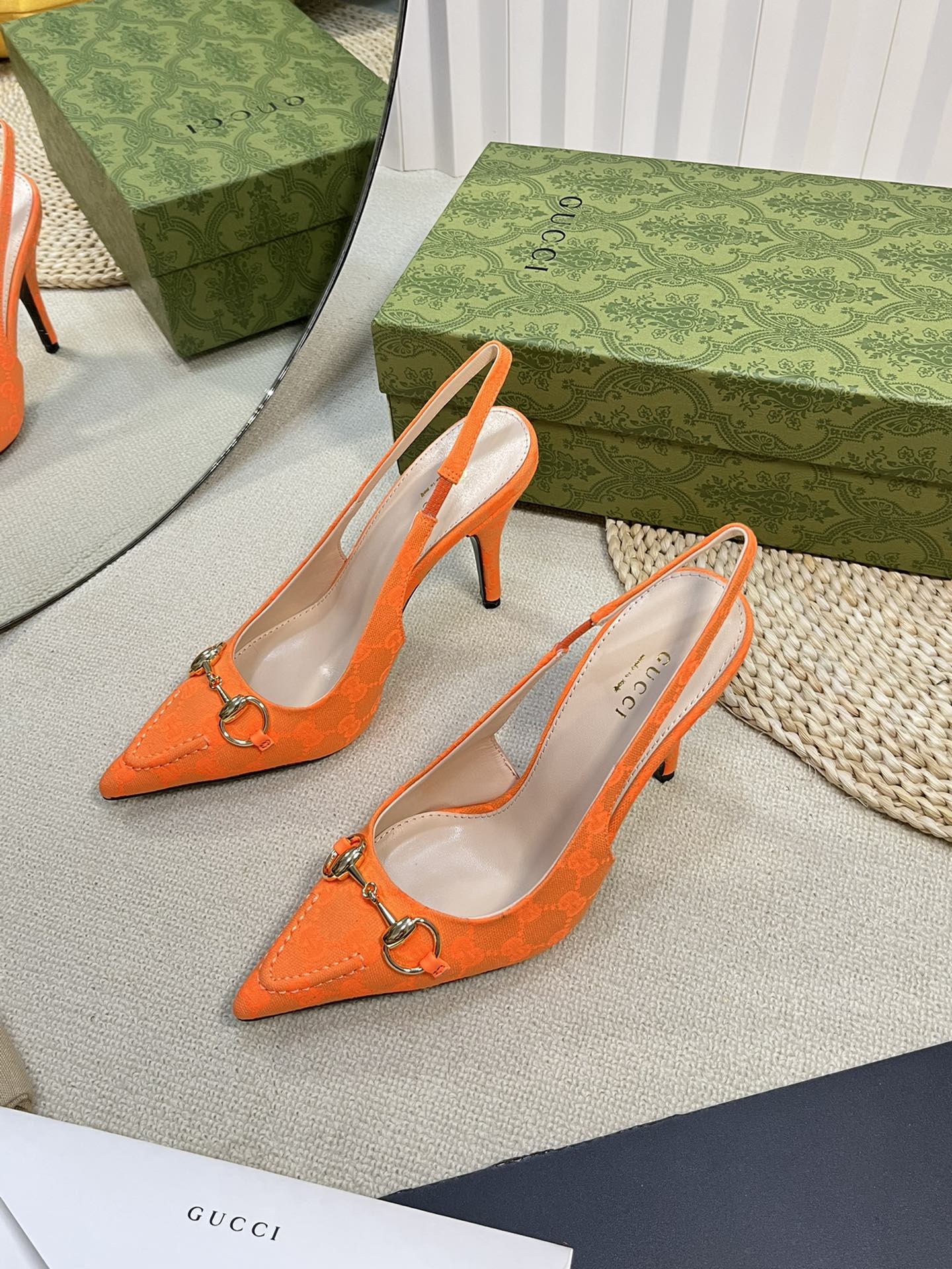 GC Horsebit Slingback Pump 100mm Orange Canvas Sheepskin 294548