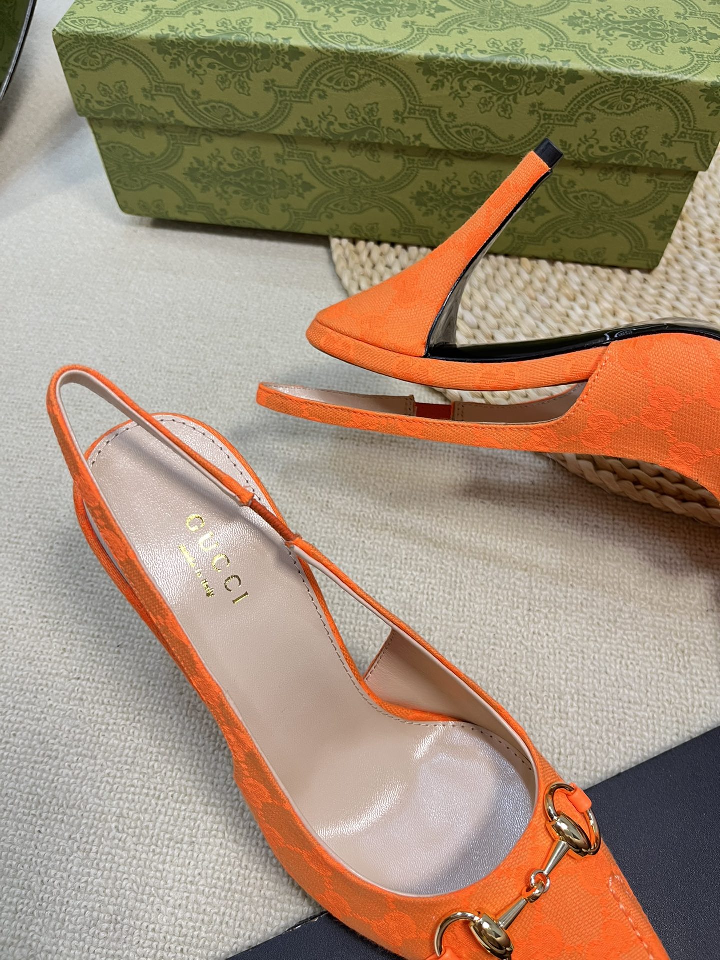 GC Horsebit Slingback Pump 100mm Orange Canvas Sheepskin 294548