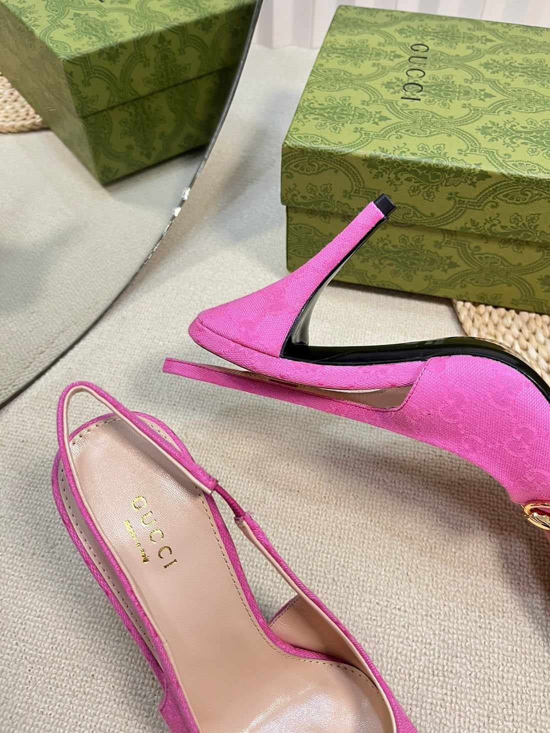 GC Horsebit Slingback Pump 100mm Pink Canvas Sheepskin 294551