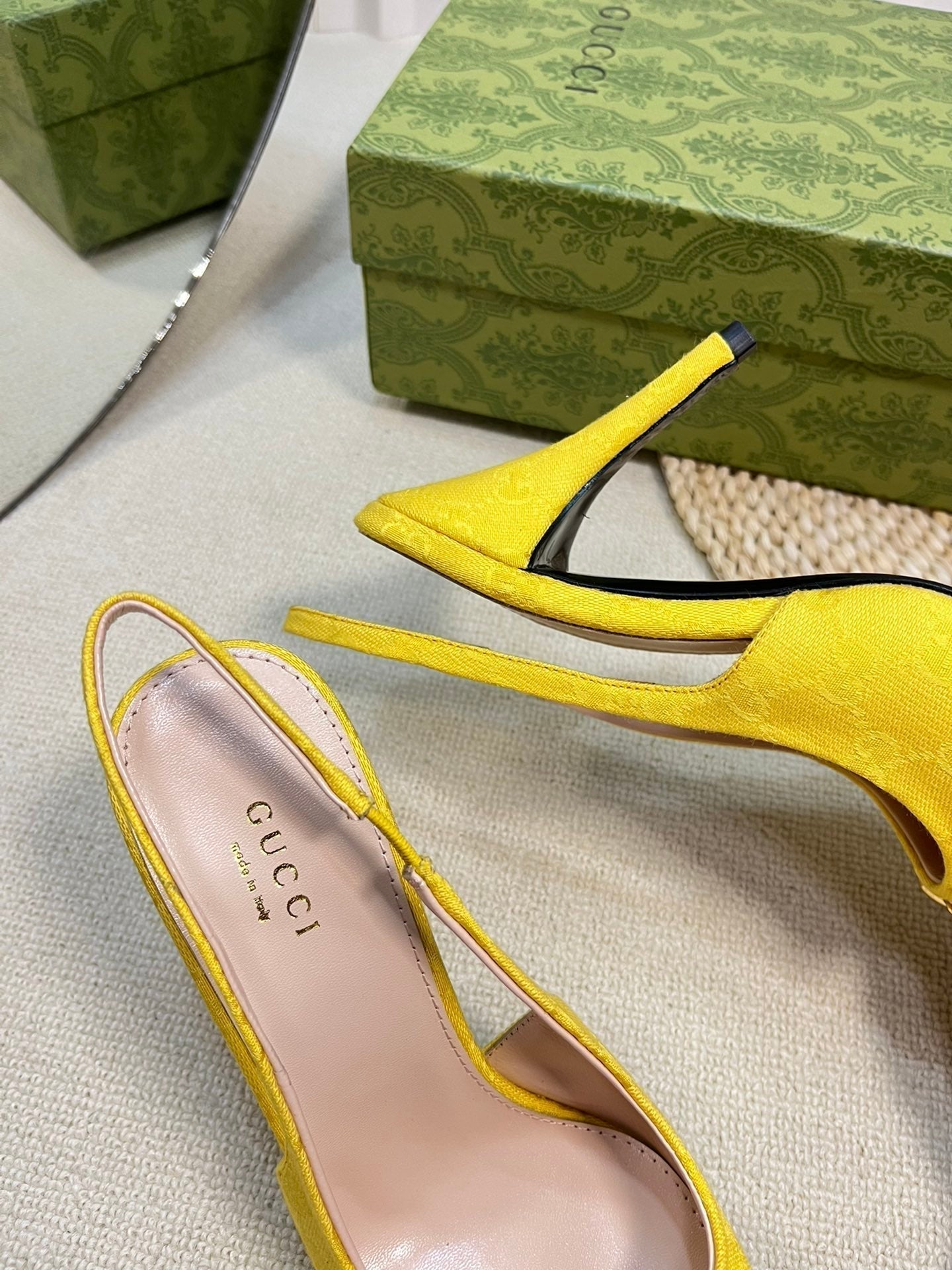 GC Horsebit Slingback Pump 100mm Yellow Canvas Sheepskin 294549