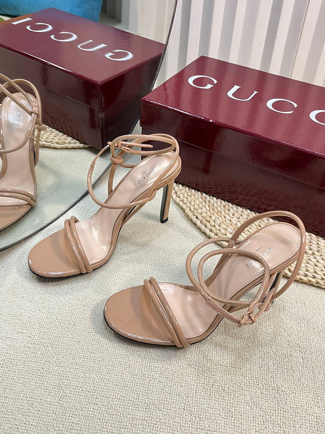 HIGH SANDAL 10 CM IN TAN BEIGE GLOSSY CALFSKIN