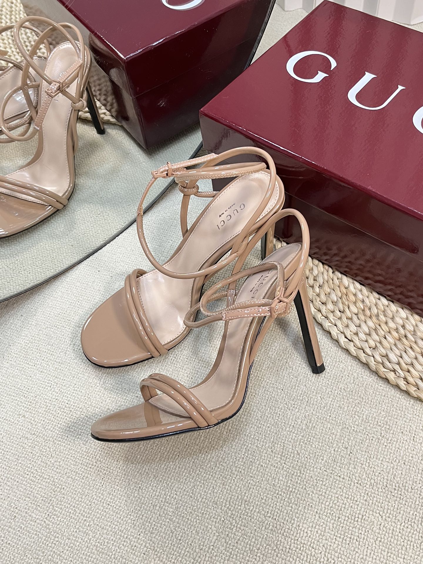 HIGH SANDAL 10 CM IN TAN BEIGE GLOSSY CALFSKIN