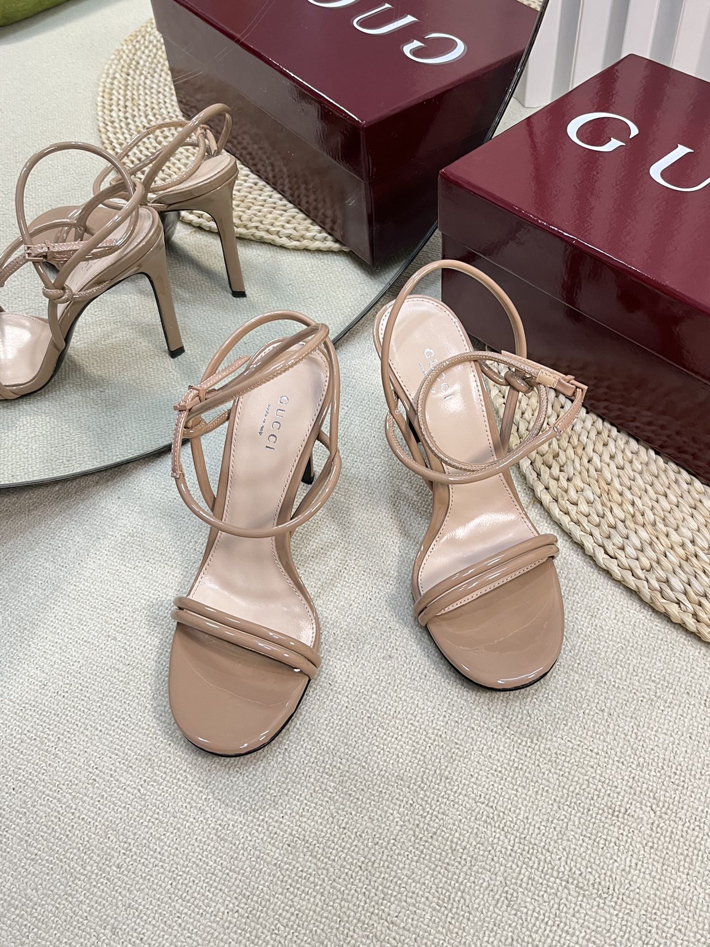 HIGH SANDAL 10 CM IN TAN BEIGE GLOSSY CALFSKIN