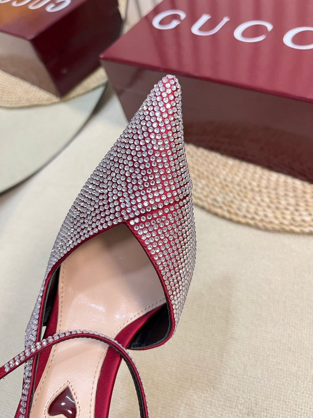 GC Crystal-Embellished Slingbacks Red Silk Sheepskin 294609