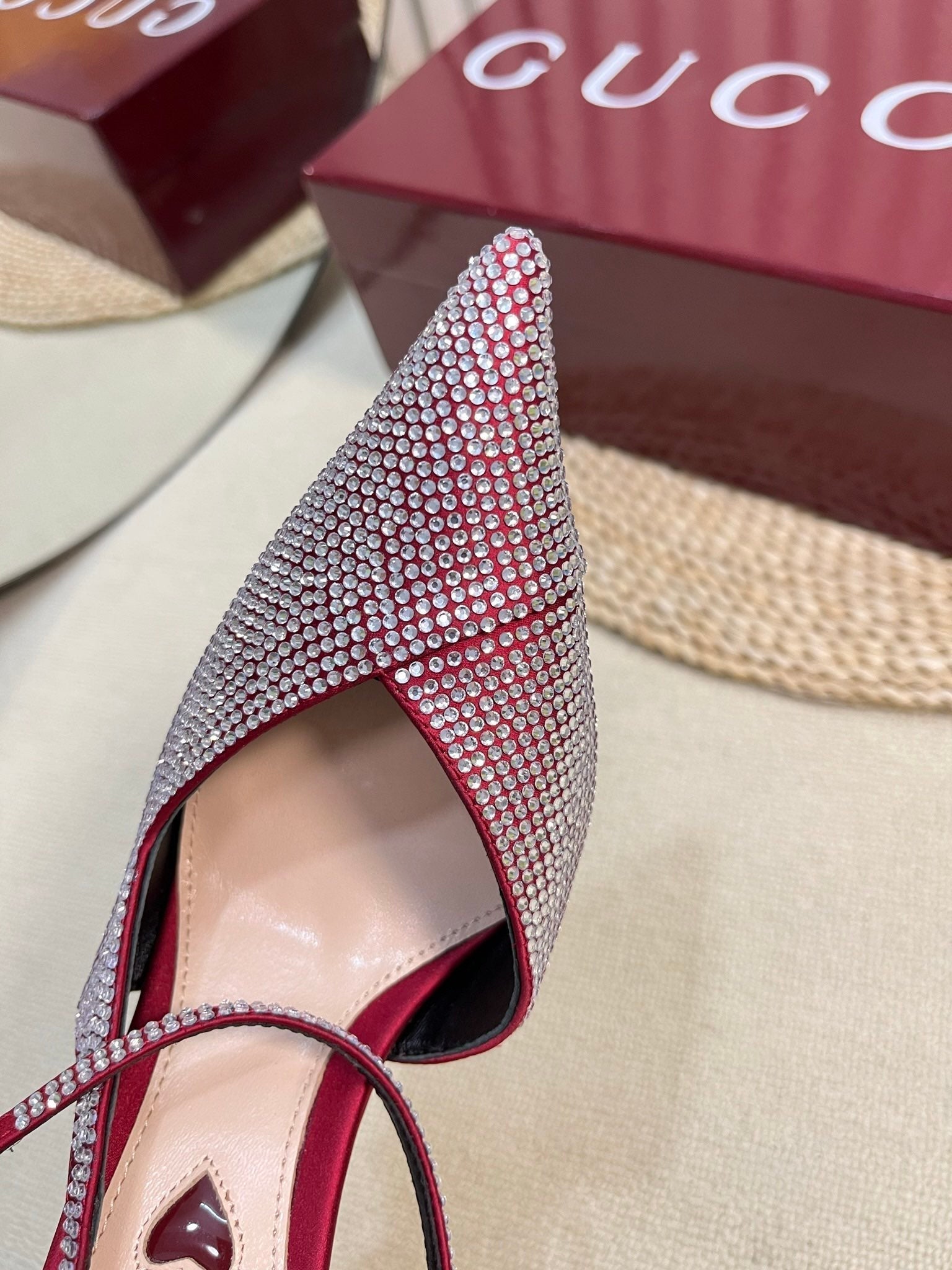 HIGH SLINGBACK 10 CM IN CHERRY RED SILK WITH FULL RHINSTONES