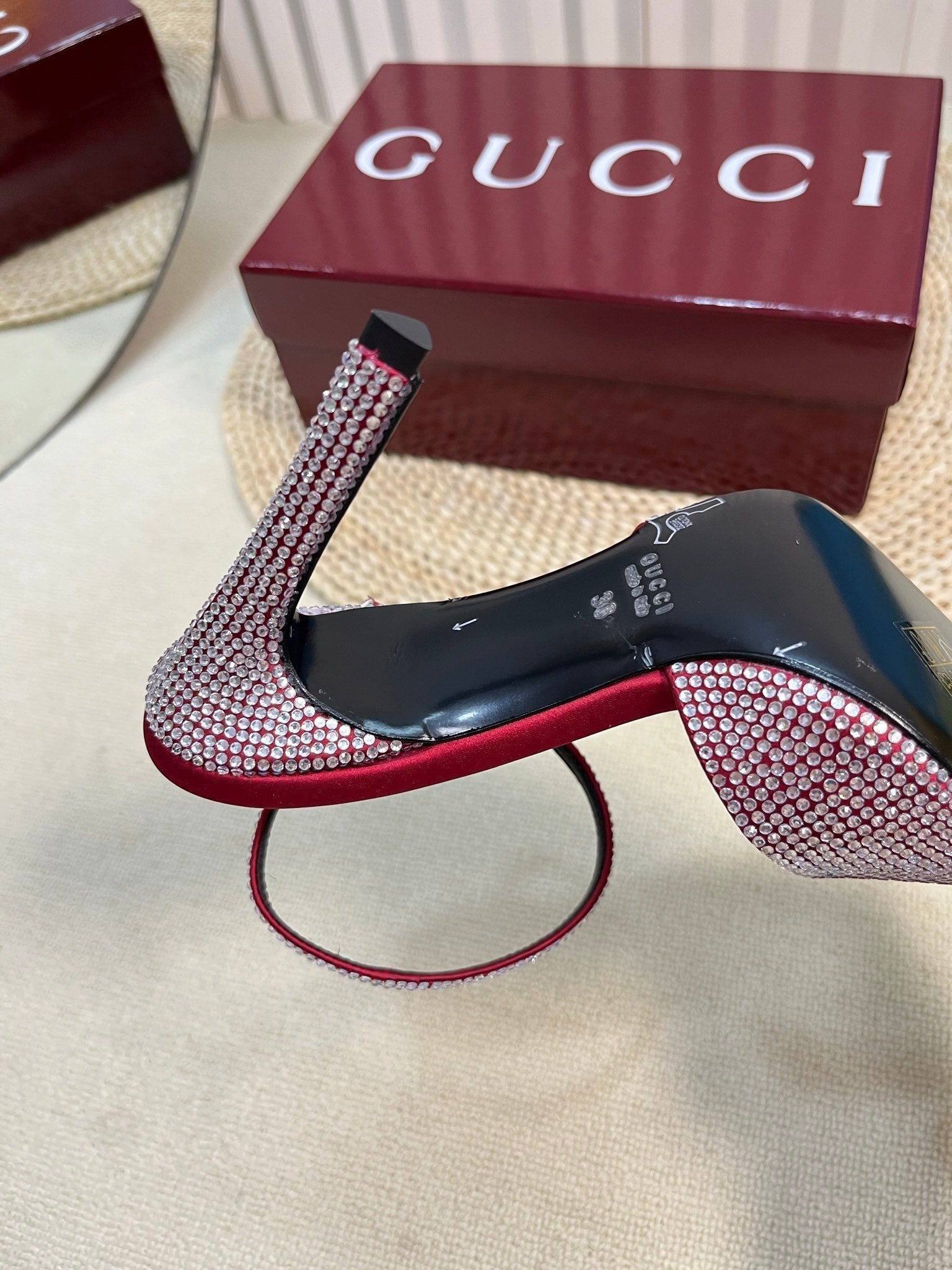 GC Crystal-Embellished Slingbacks Red Silk Sheepskin 294609