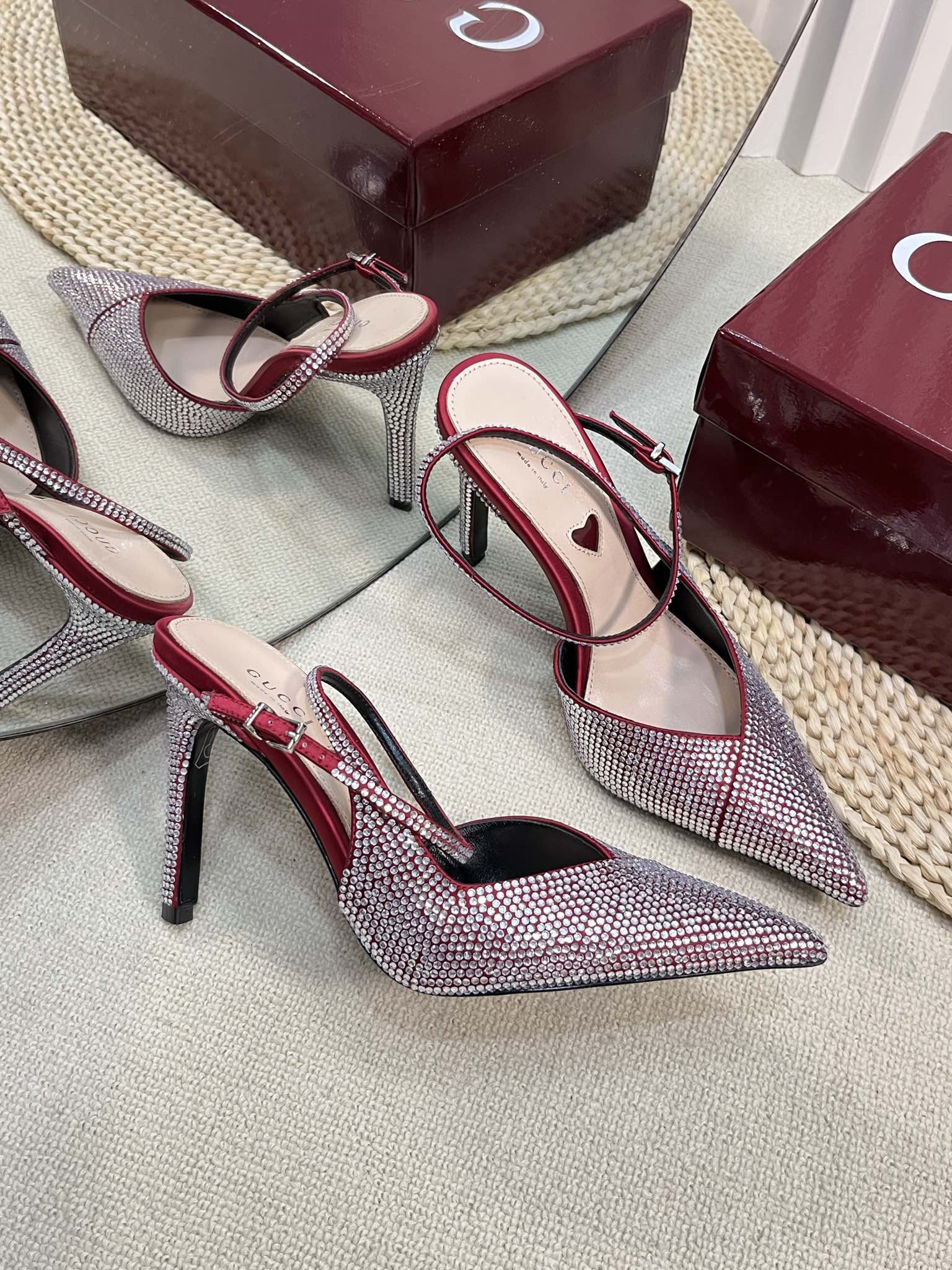 GC Crystal-Embellished Slingbacks Red Silk Sheepskin 294609