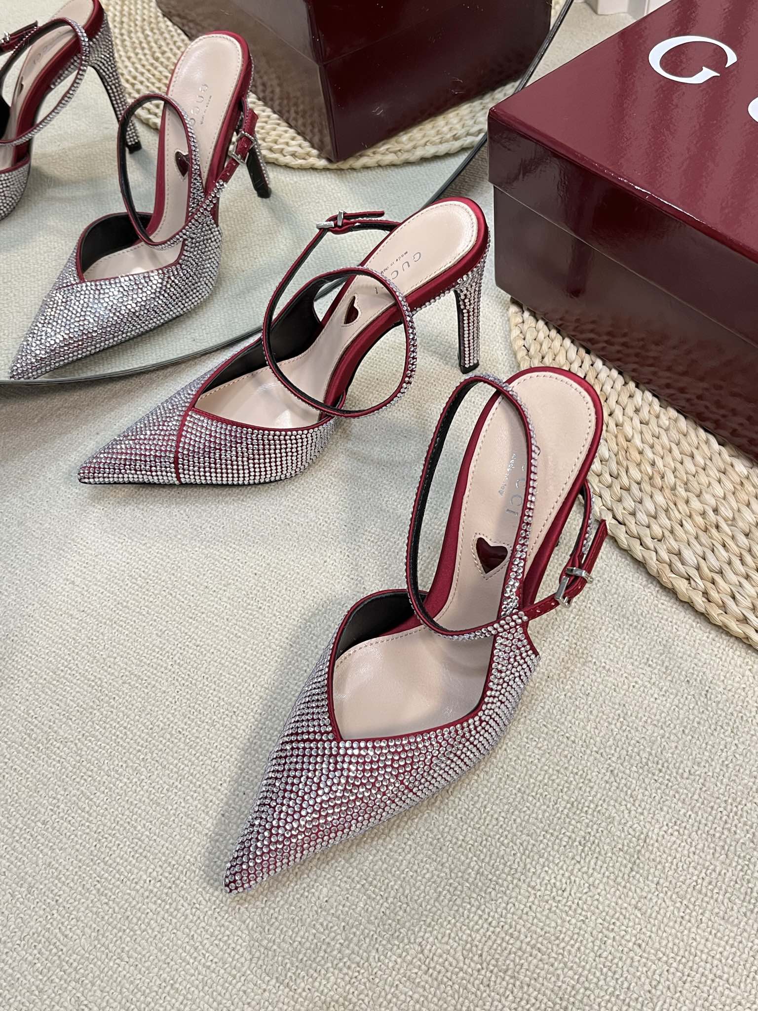 GC Crystal-Embellished Slingbacks Red Silk Sheepskin 294609