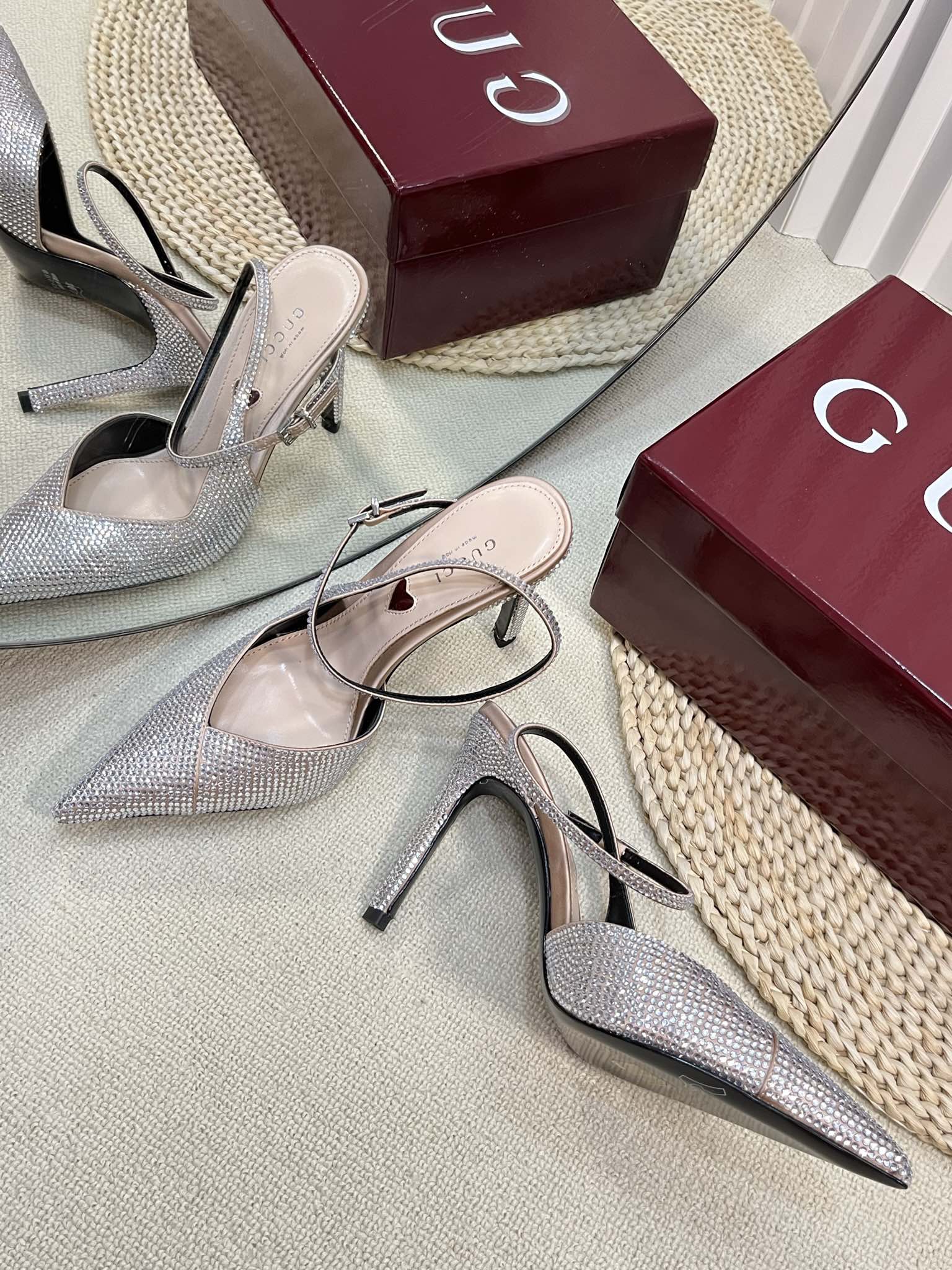 HIGH SLINGBACK 10 CM IN BEIGE SILK WITH FULL RHINSTONES