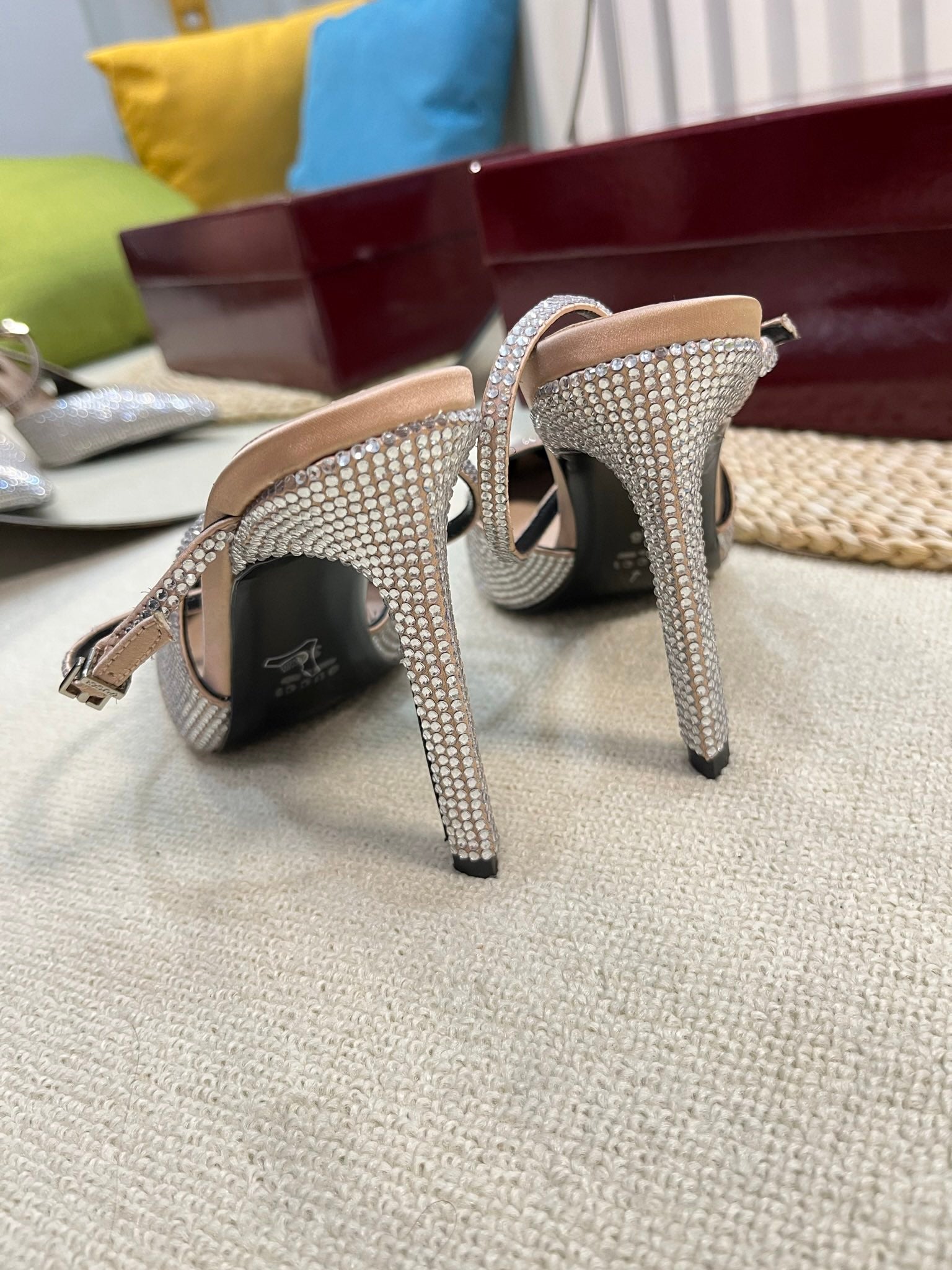 HIGH SLINGBACK 10 CM IN BEIGE SILK WITH FULL RHINSTONES