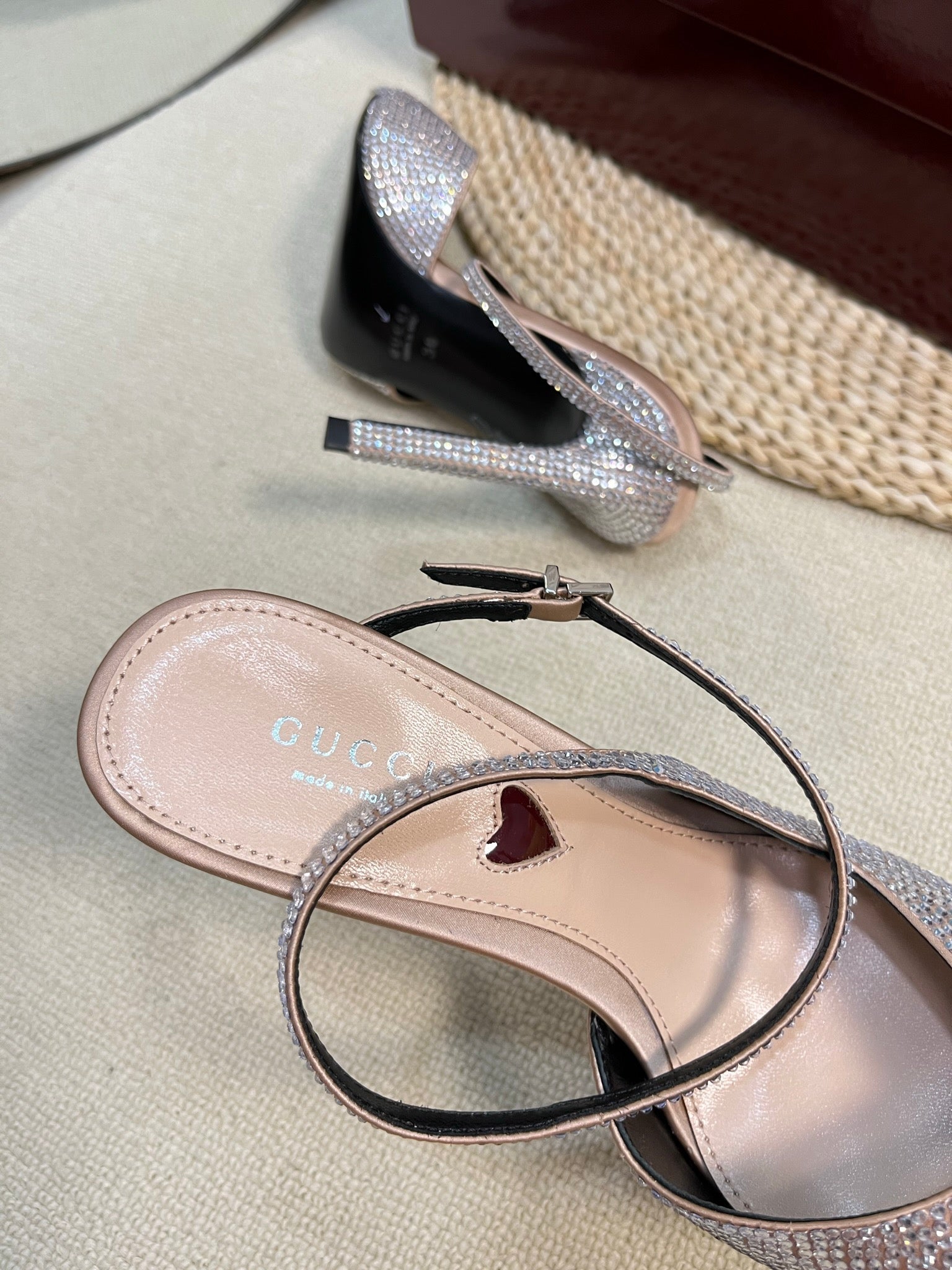 HIGH SLINGBACK 10 CM IN BEIGE SILK WITH FULL RHINSTONES