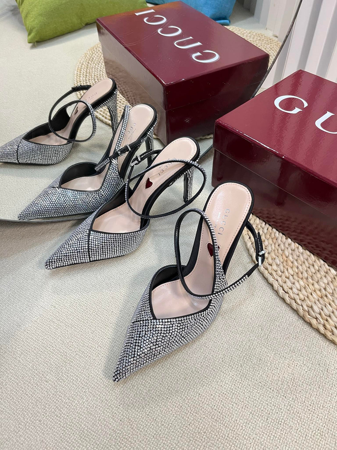 GC Crystal-Embellished Slingbacks Black Silk Sheepskin 294611