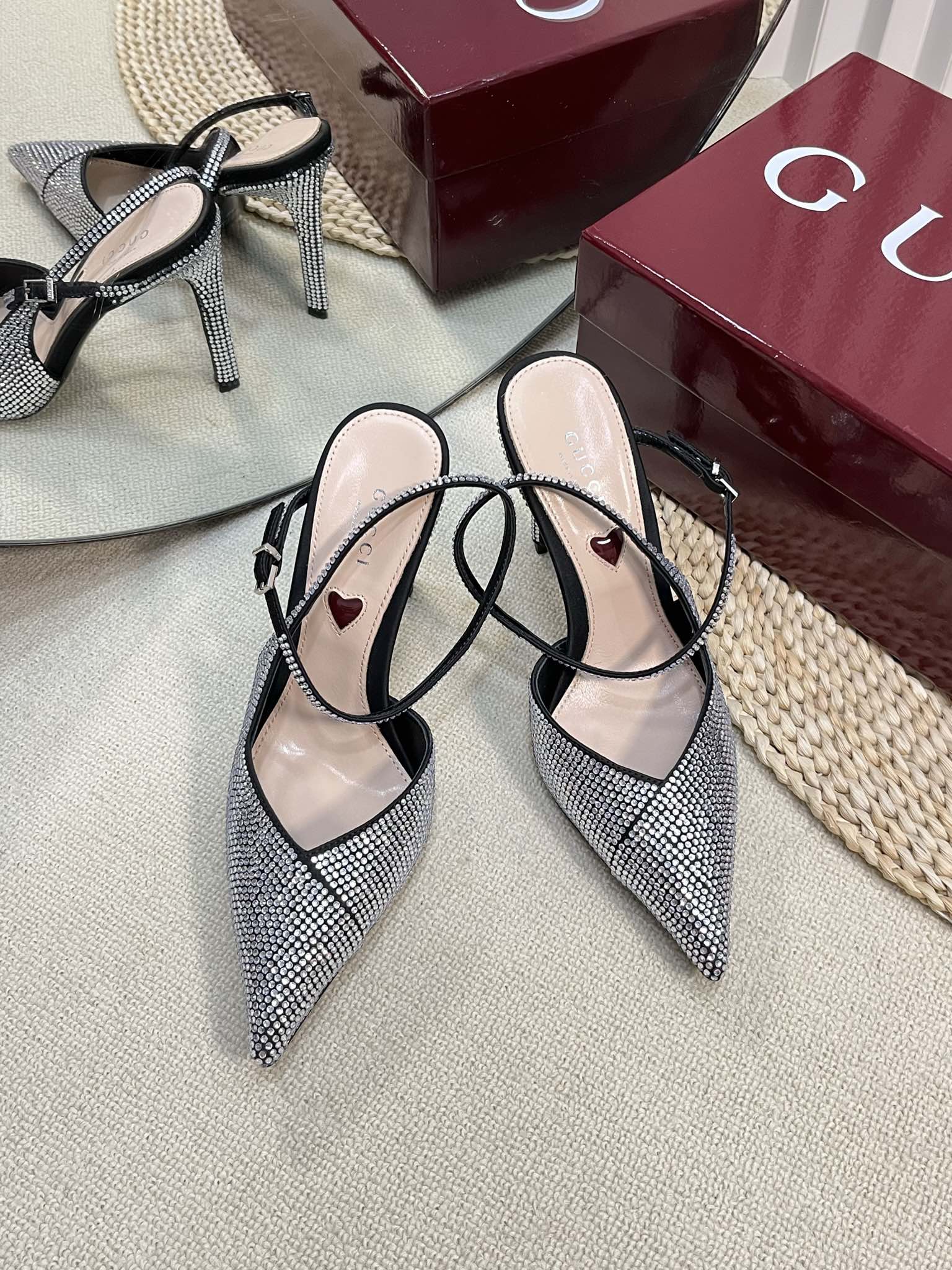 HIGH SLINGBACK 10 CM IN BLACK SILK WITH FULL RHINSTONES