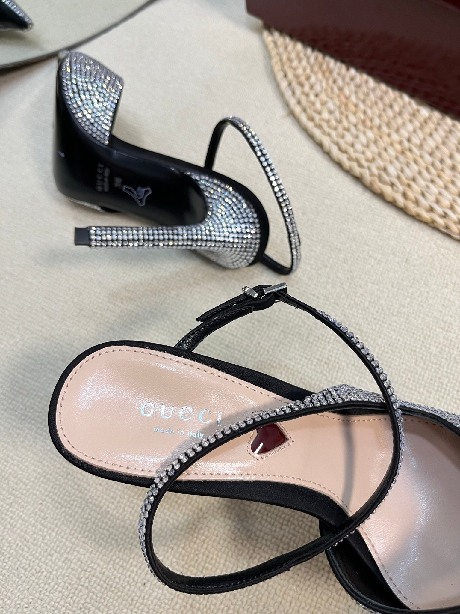 GC Crystal-Embellished Slingbacks Black Silk Sheepskin 294611