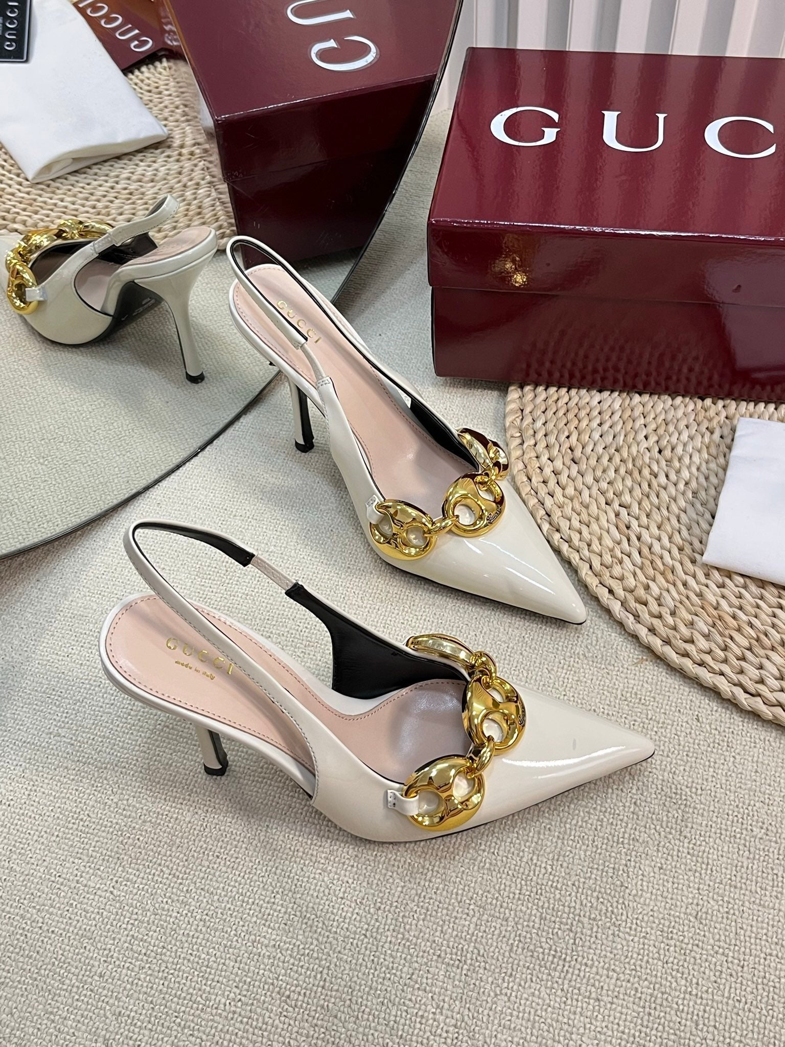 GC Slingbacks With Marina Chain 100mm White Patent Leather 294586