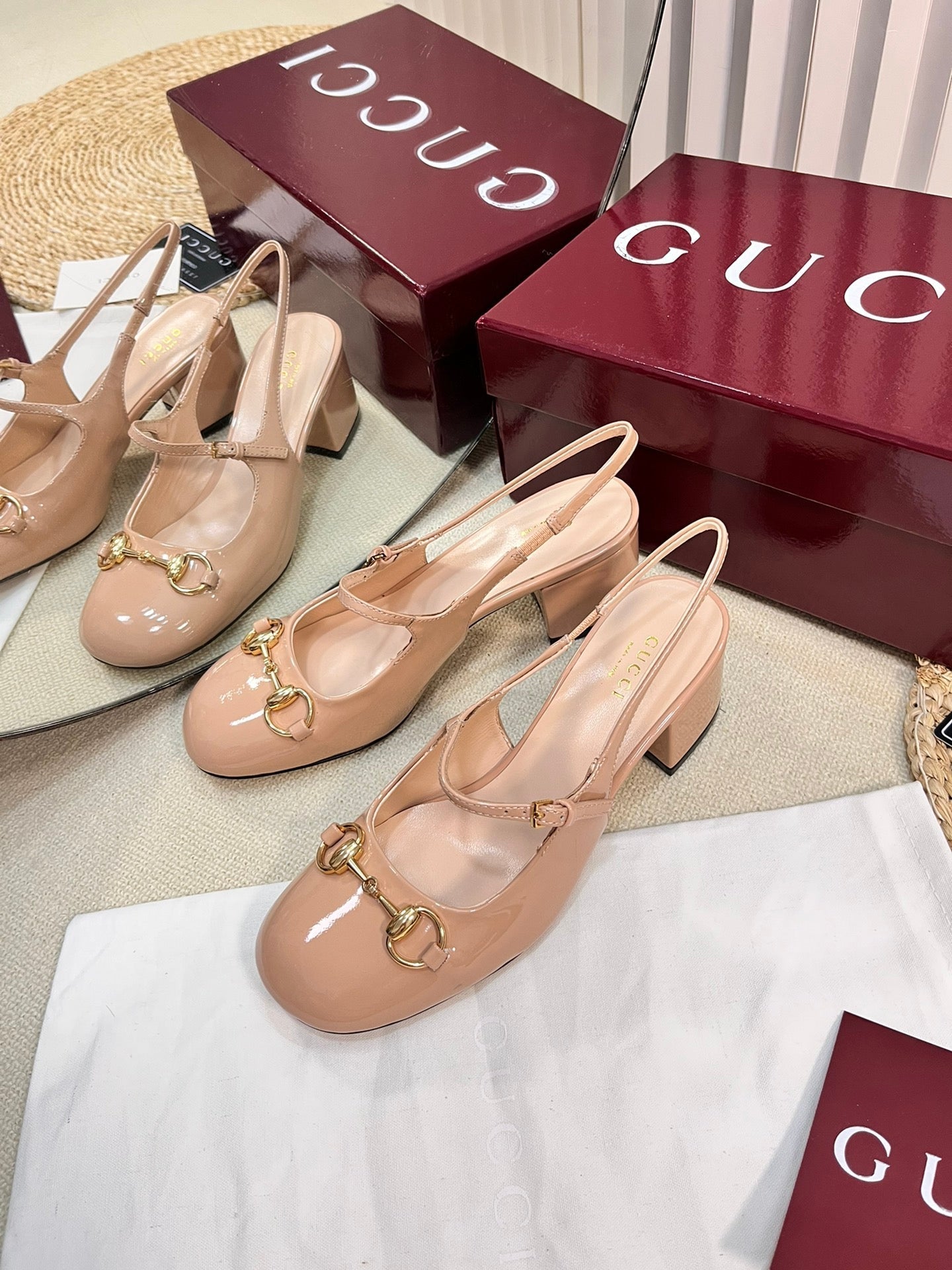 GC Horsebit Slingback 60mm Rose Beige Patent Leather 294588