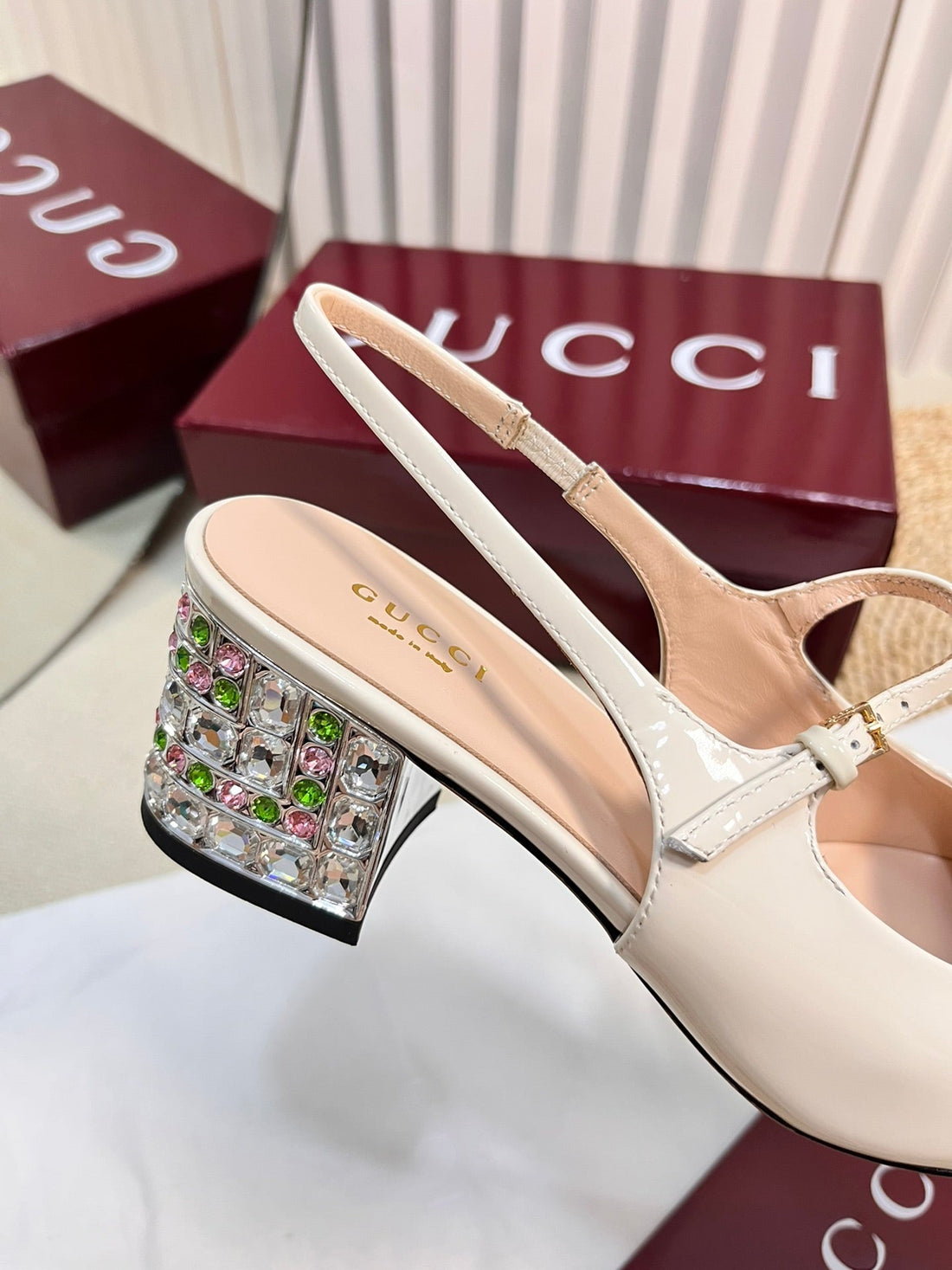 GC Horsebit Slingback with Crystal 60mm Ivory Patent Leather 294599