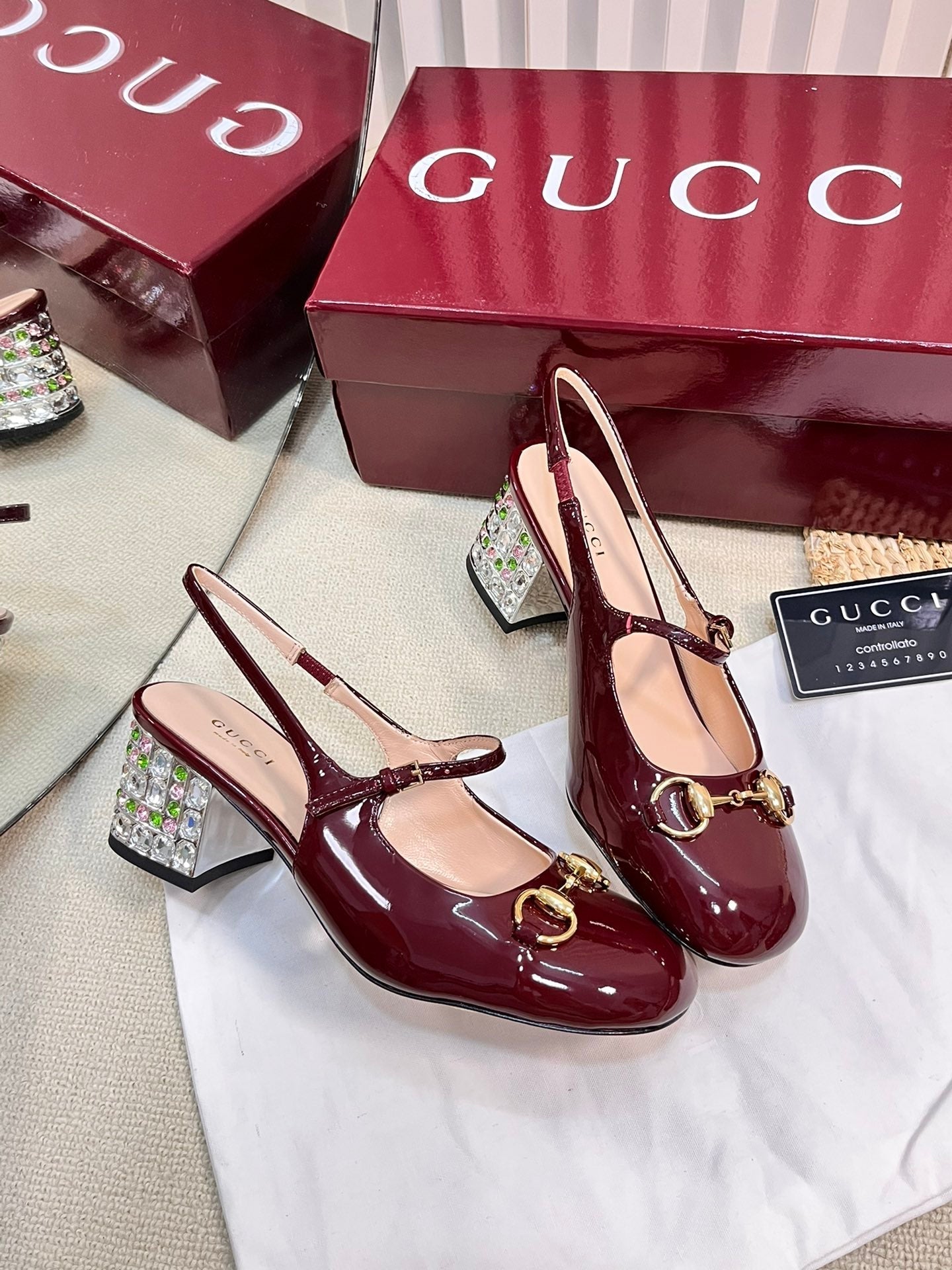 GC Horsebit Slingback with Crystal 60mm Rosso Ancora red Patent Leather 294600