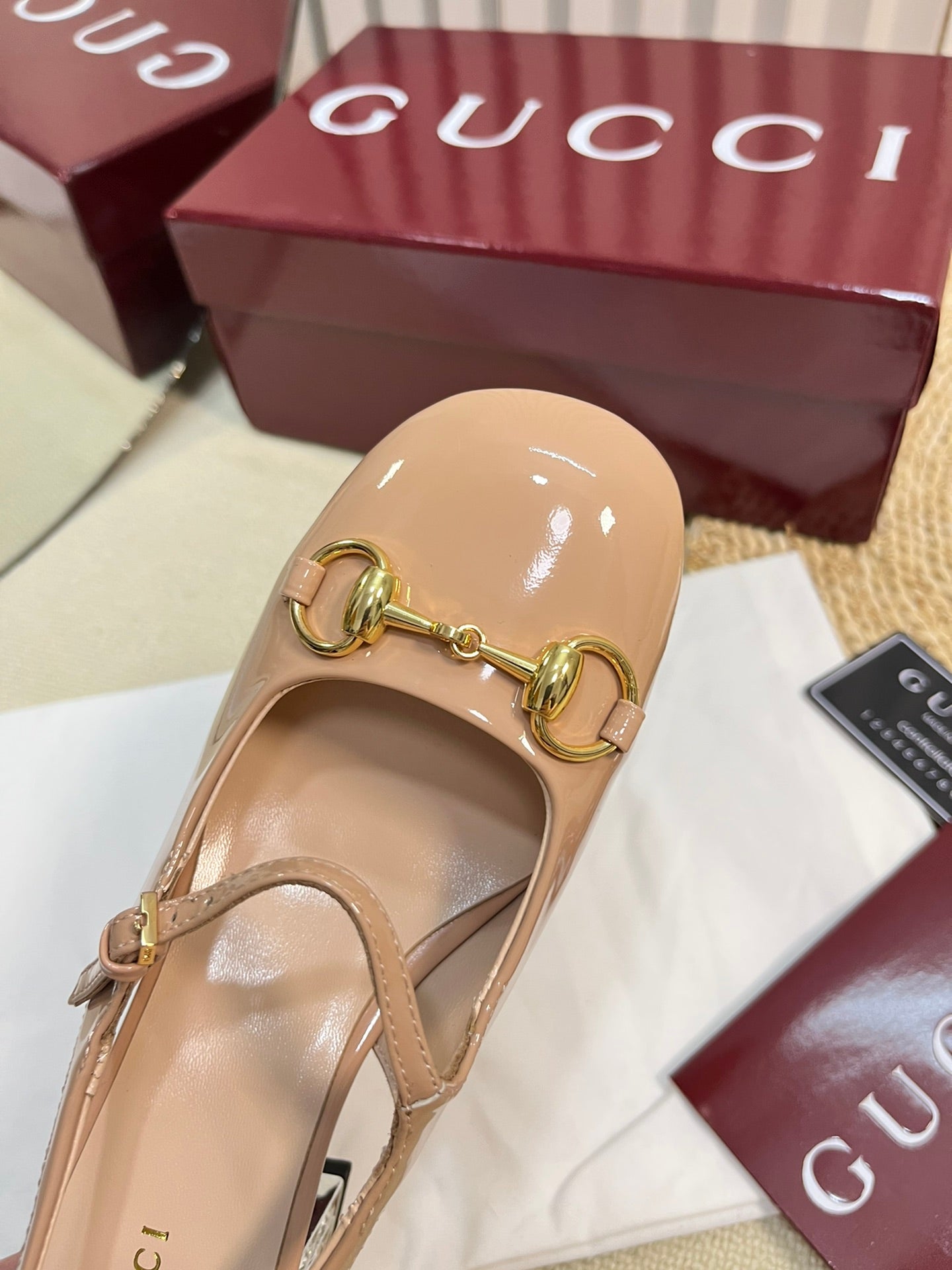 GC Horsebit Slingback with Crystal 65mm Rose Beige Patent Leather 294601