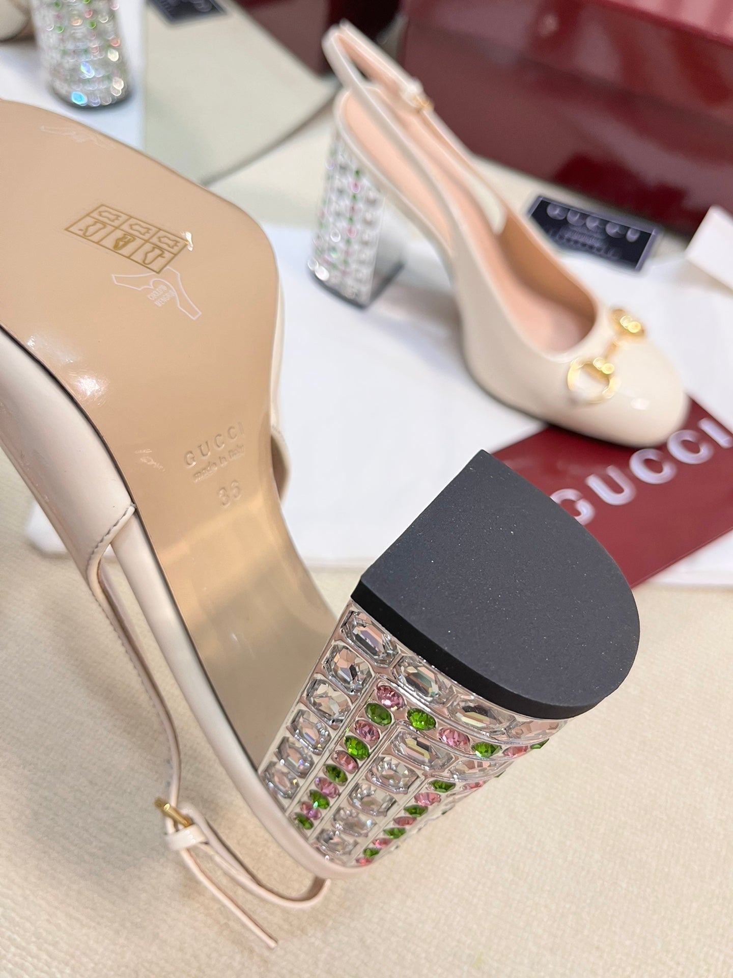 GC Horsebit Slingback with Crystal 95mm Ivory Patent Leather 294595