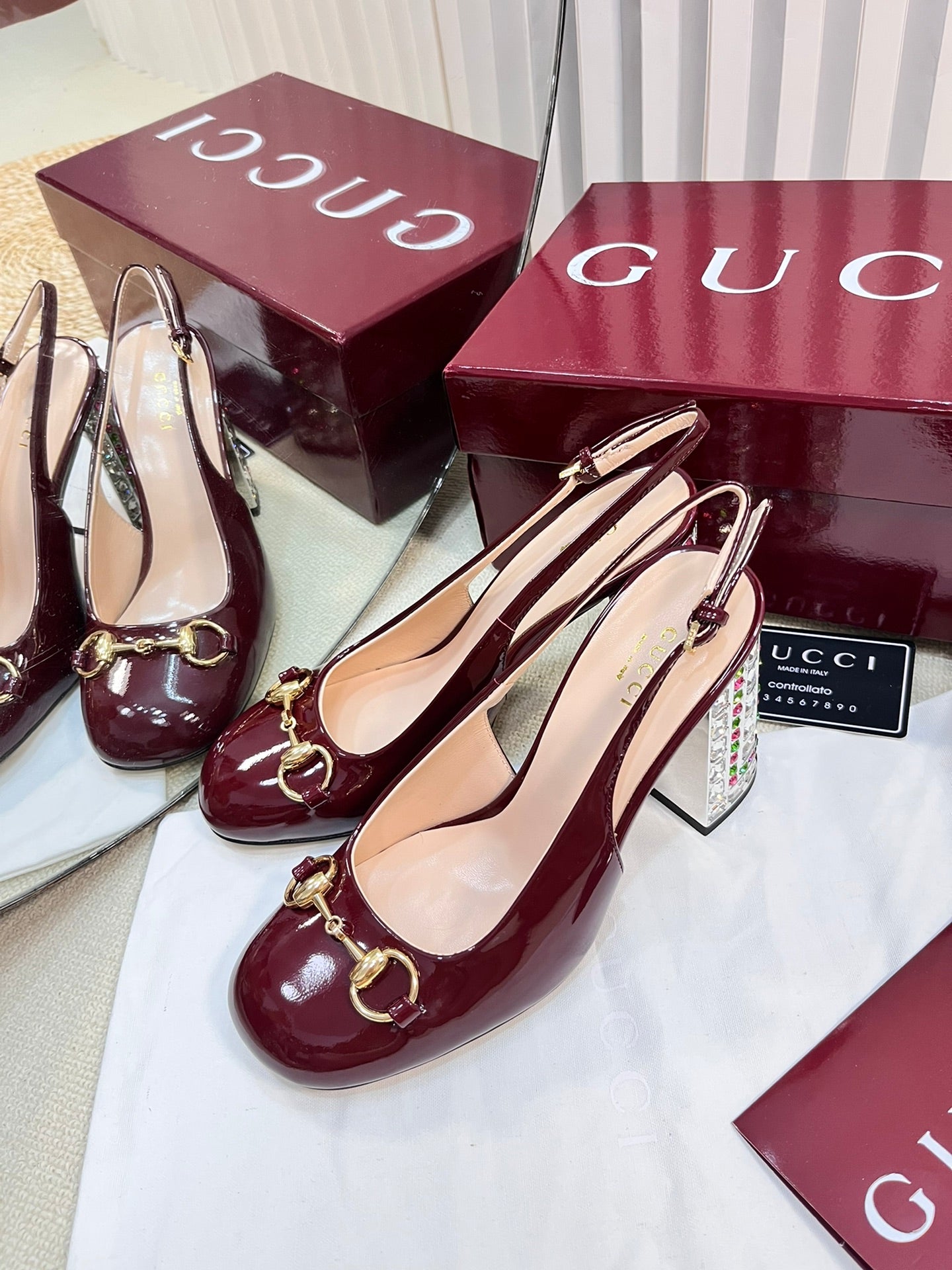 GC Horsebit Slingback with Crystal 95mm Rosso Ancora red Patent Leather 294596