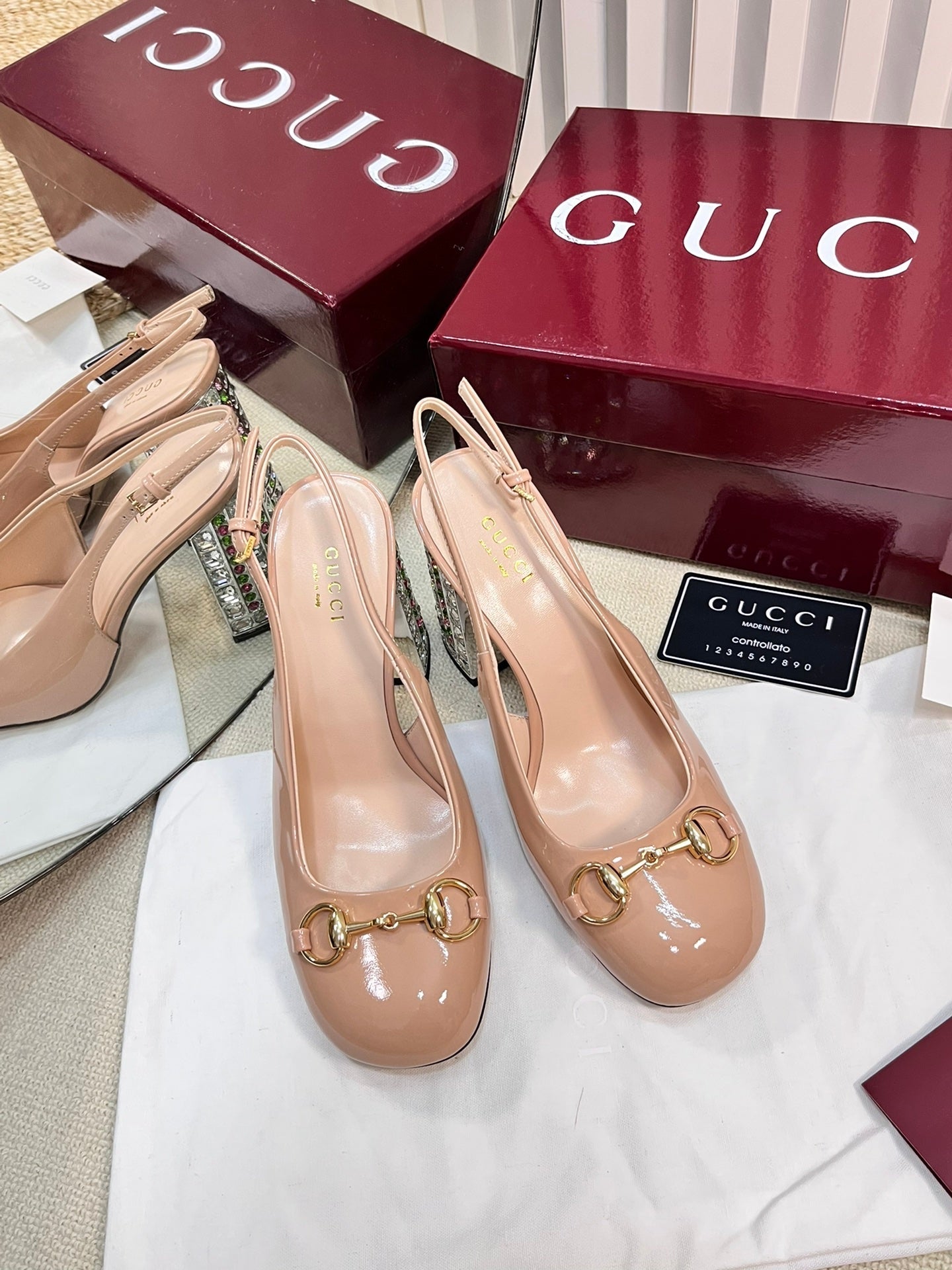 GC Horsebit Slingback with Crystal 95mm Rose Beige Patent Leather 294597