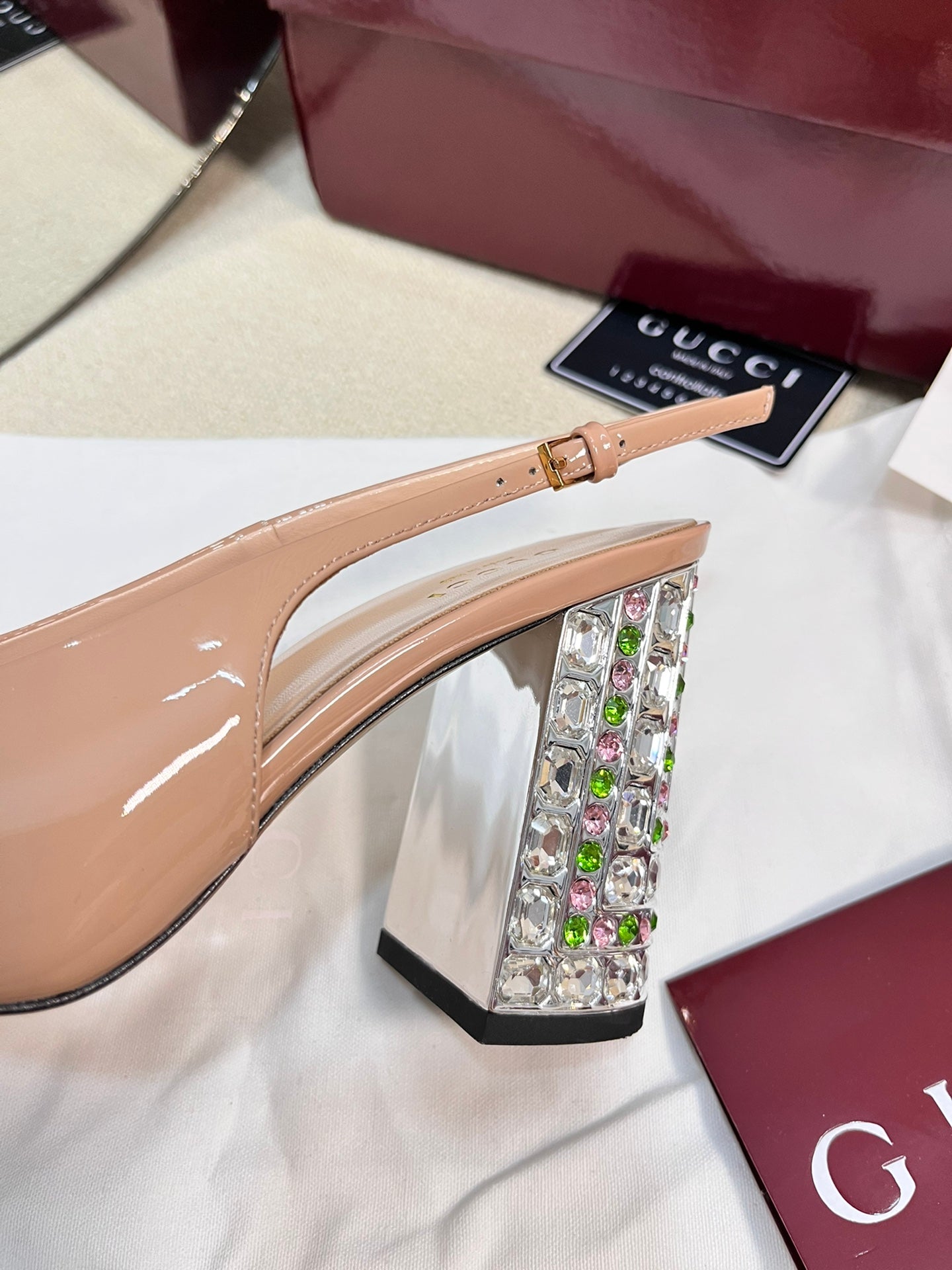 GC Horsebit Slingback with Crystal 95mm Rose Beige Patent Leather 294597