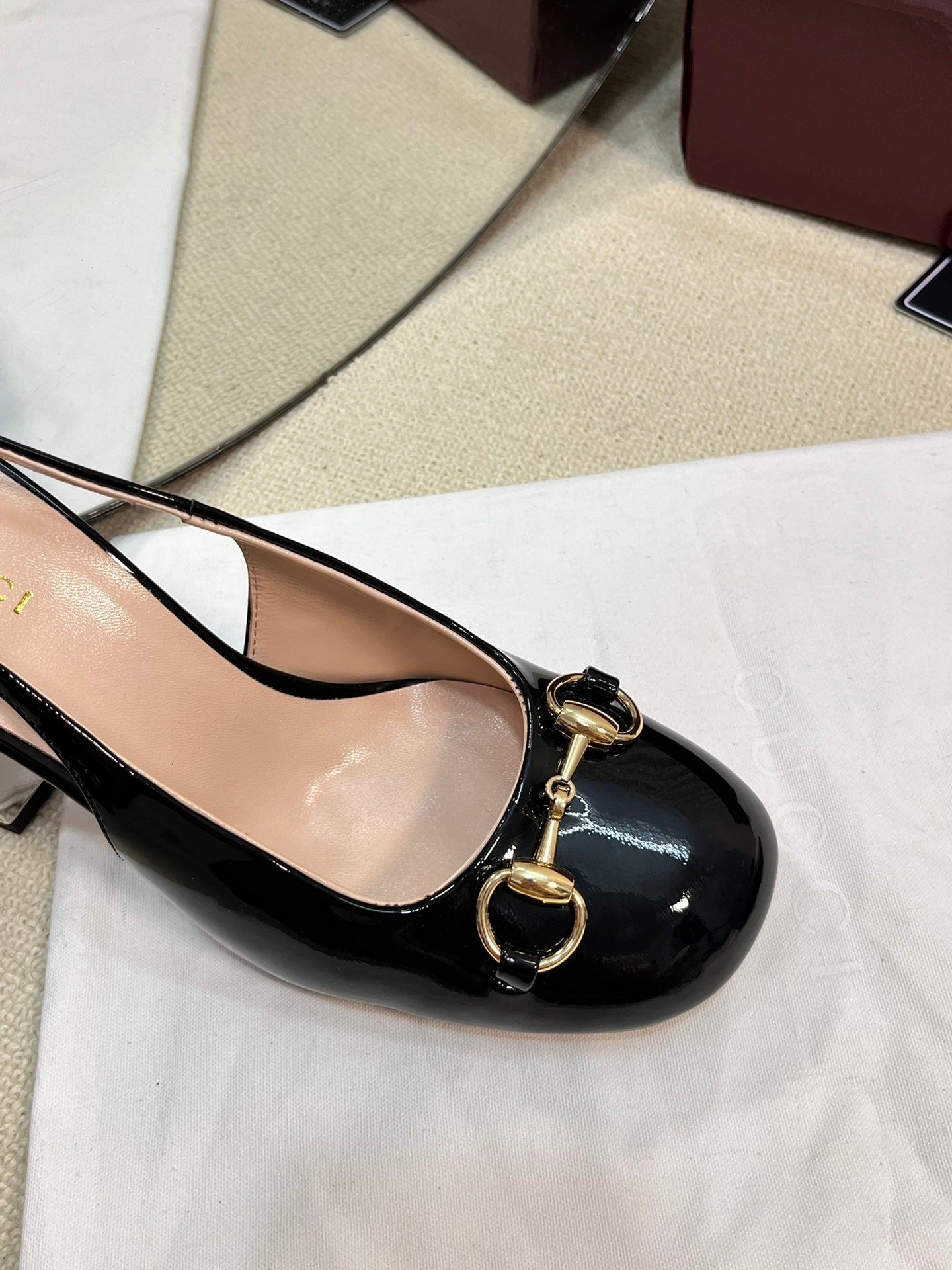 GC Horsebit Slingback with Crystal 95mm Black Patent Leather 294598