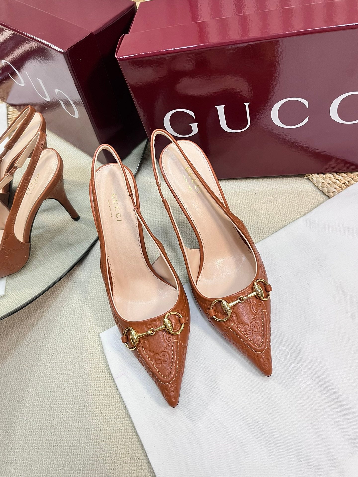 GC Horsebit Slingback Pump 100mm Brown Embossed  Sheepskin 294578