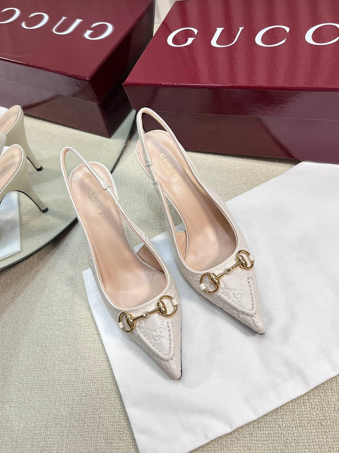 GC Horsebit Slingback Pump 100mm Ivory Embossed Sheepskin 294580