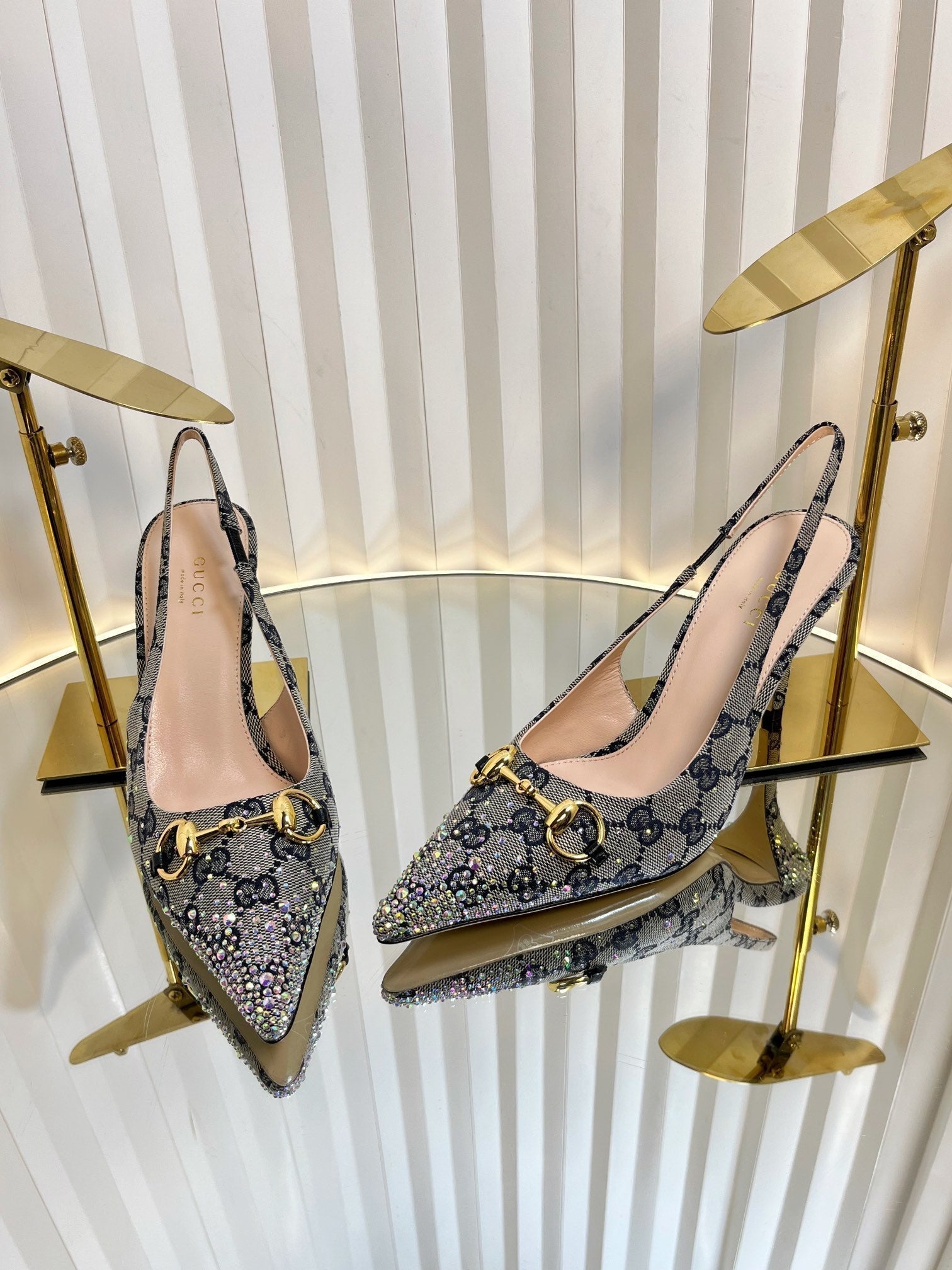 GC Crystal Horsebit Slingback 100mm Beige mix Blue Canvas lambskin 294619