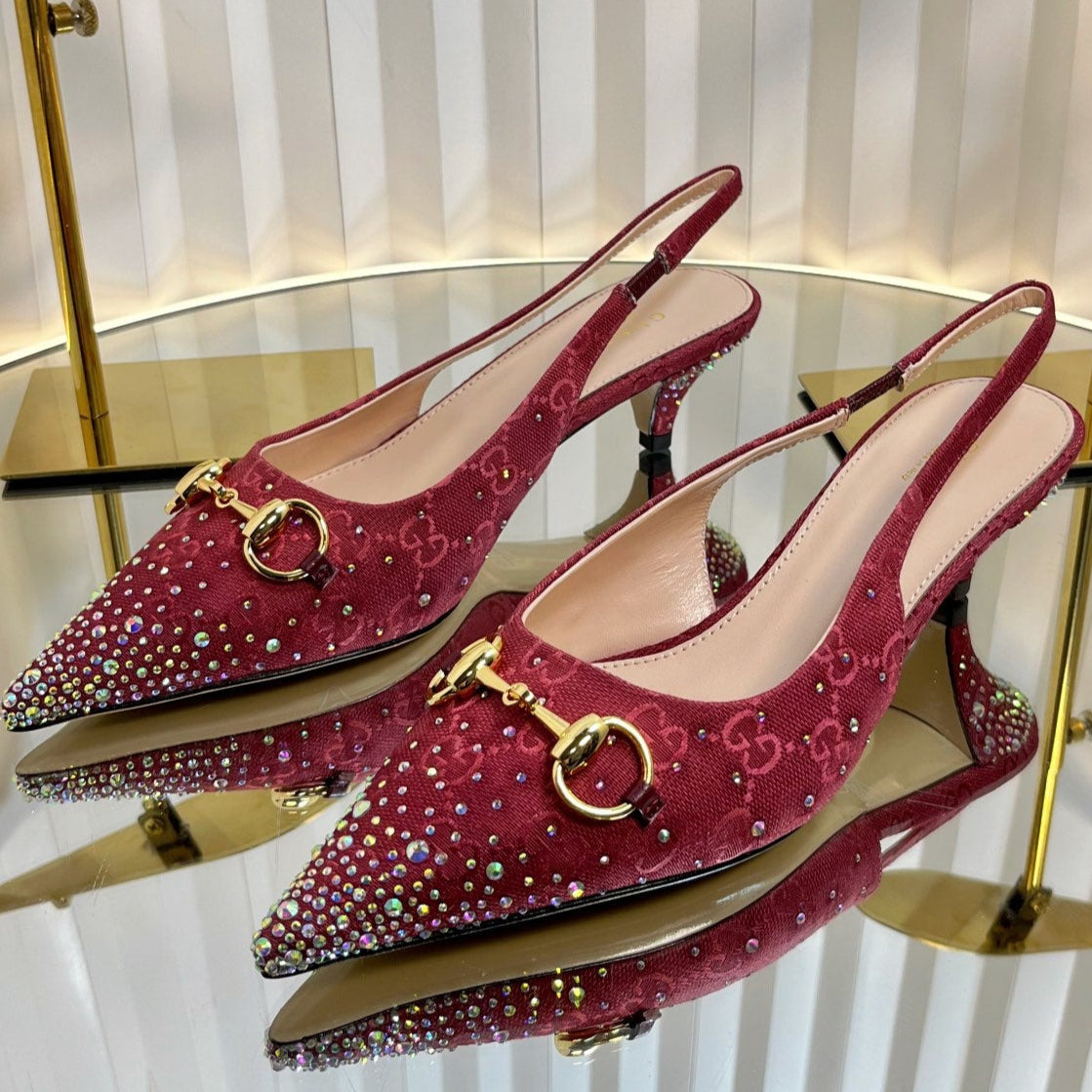 GC Crystal Horsebit Slingback 50mm Red Canvas lambskin 294615