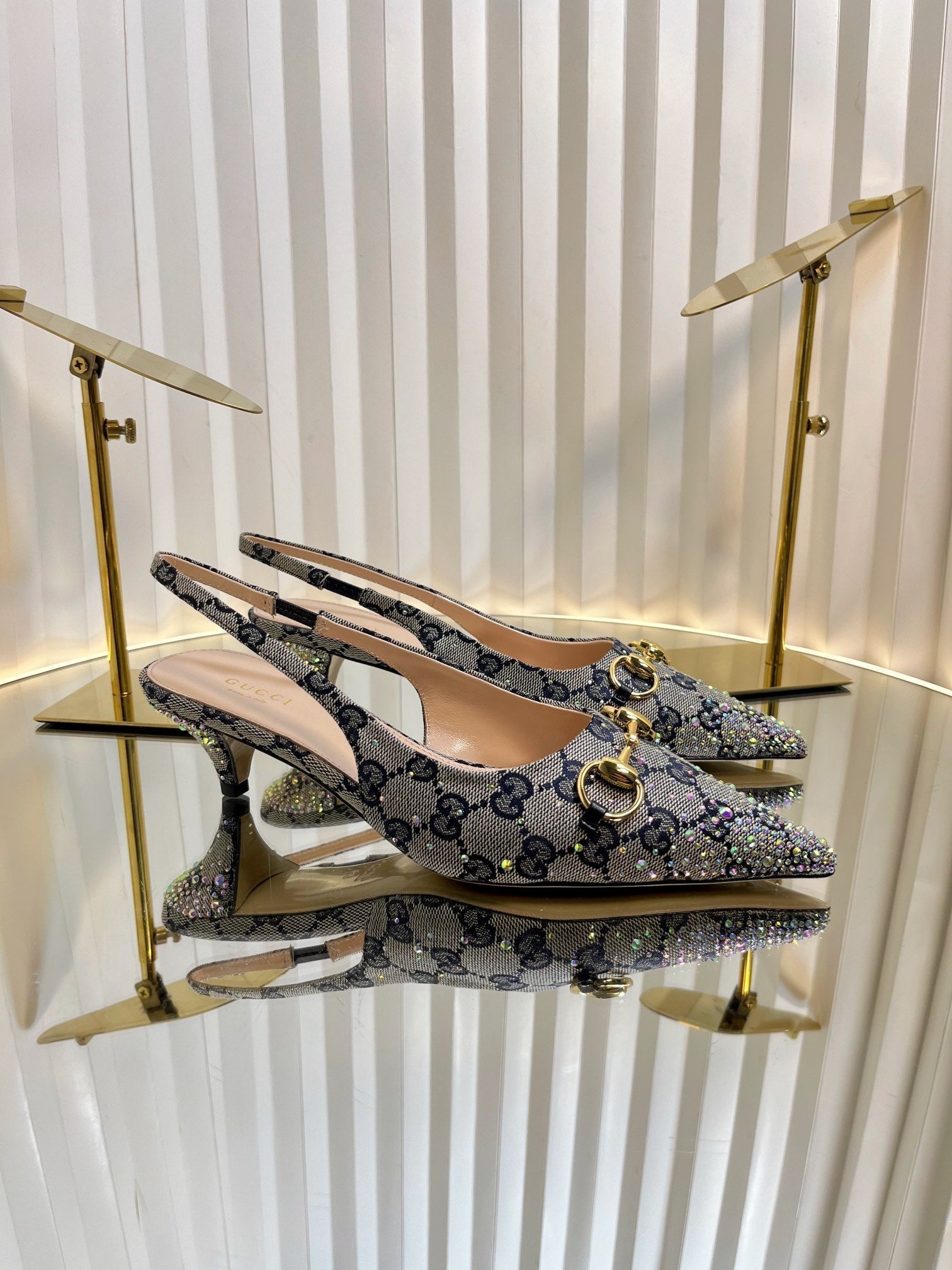 GC Crystal Horsebit Slingback 50mm Beige mix Blue Canvas lambskin 294616