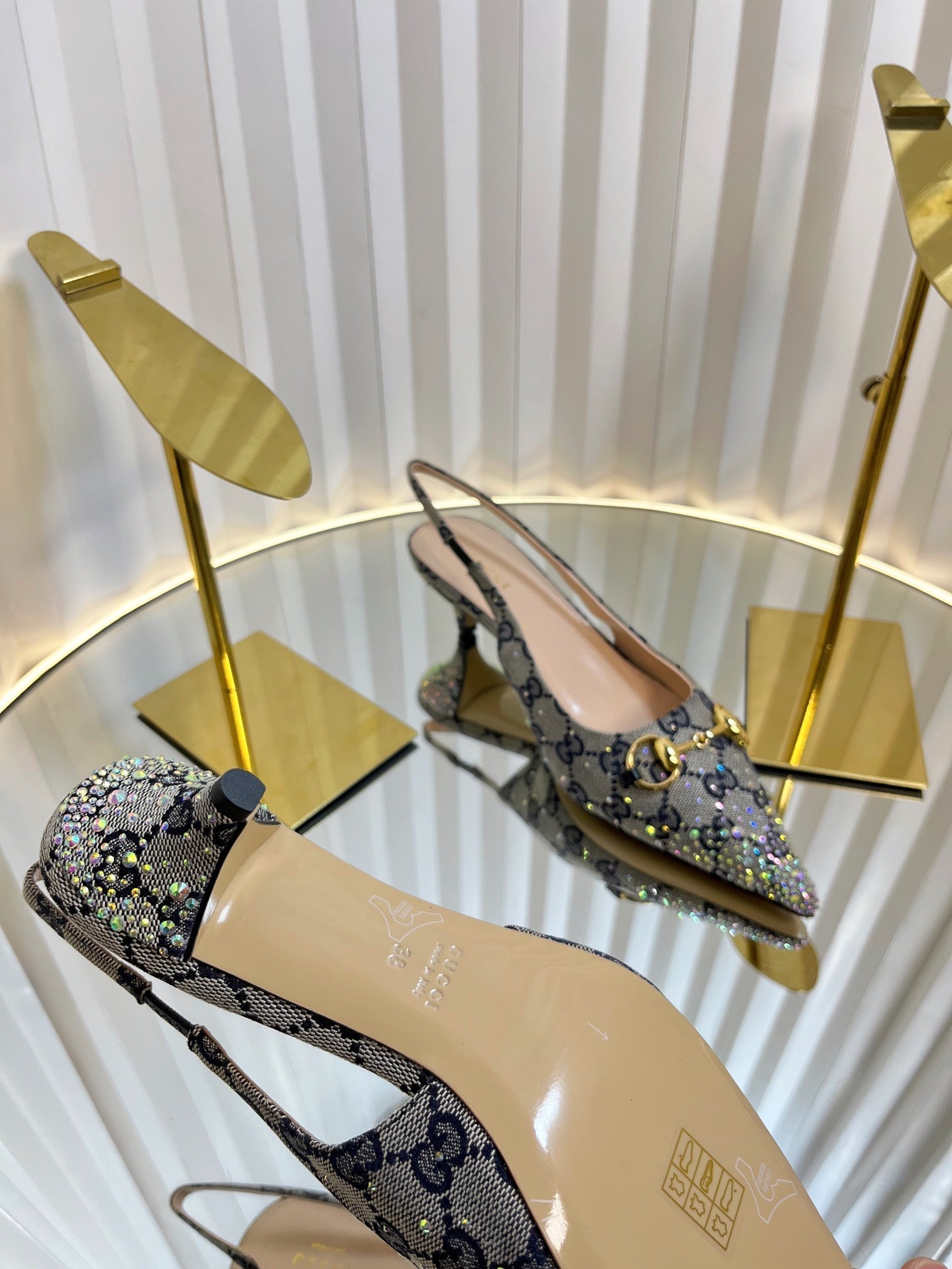 GC Crystal Horsebit Slingback 50mm Beige mix Blue Canvas lambskin 294616