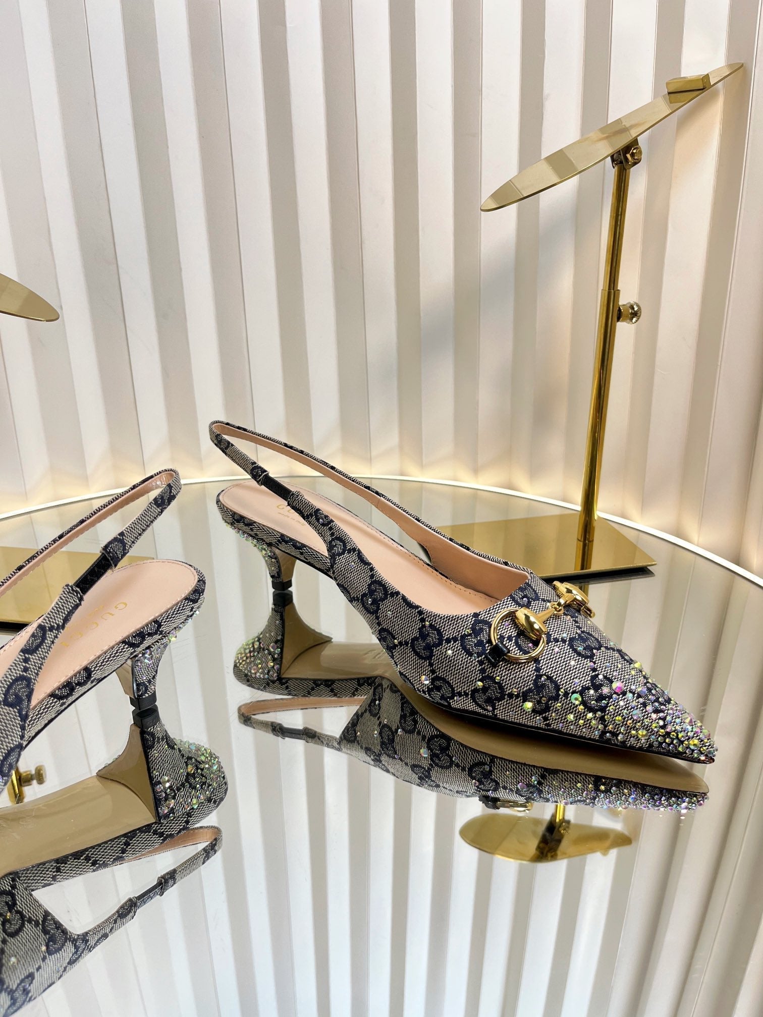 GC Crystal Horsebit Slingback 50mm Beige mix Blue Canvas lambskin 294616