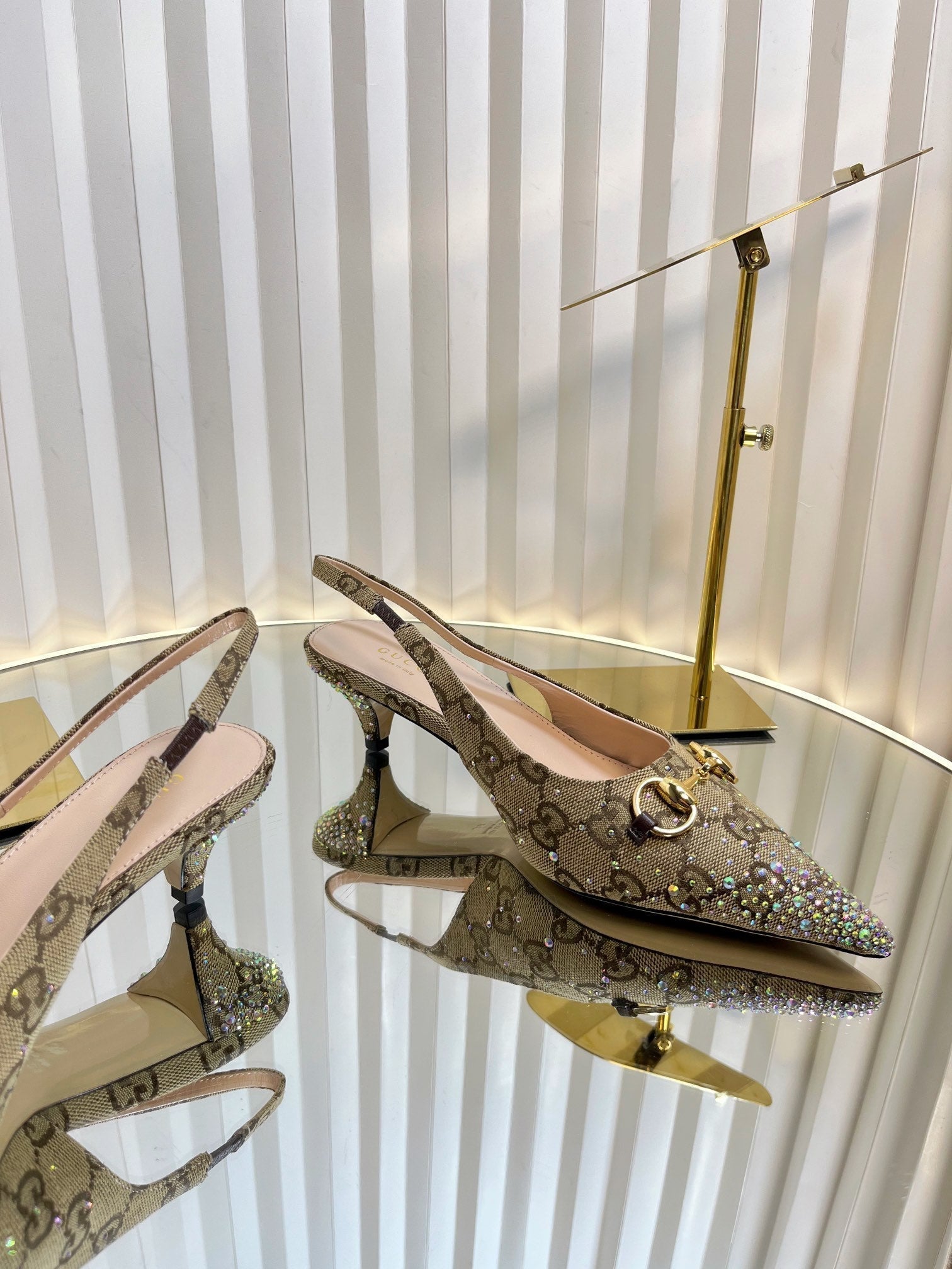 GC Crystal Horsebit Slingback 50mm Beige mix Ebony Canvas lambskin 294617