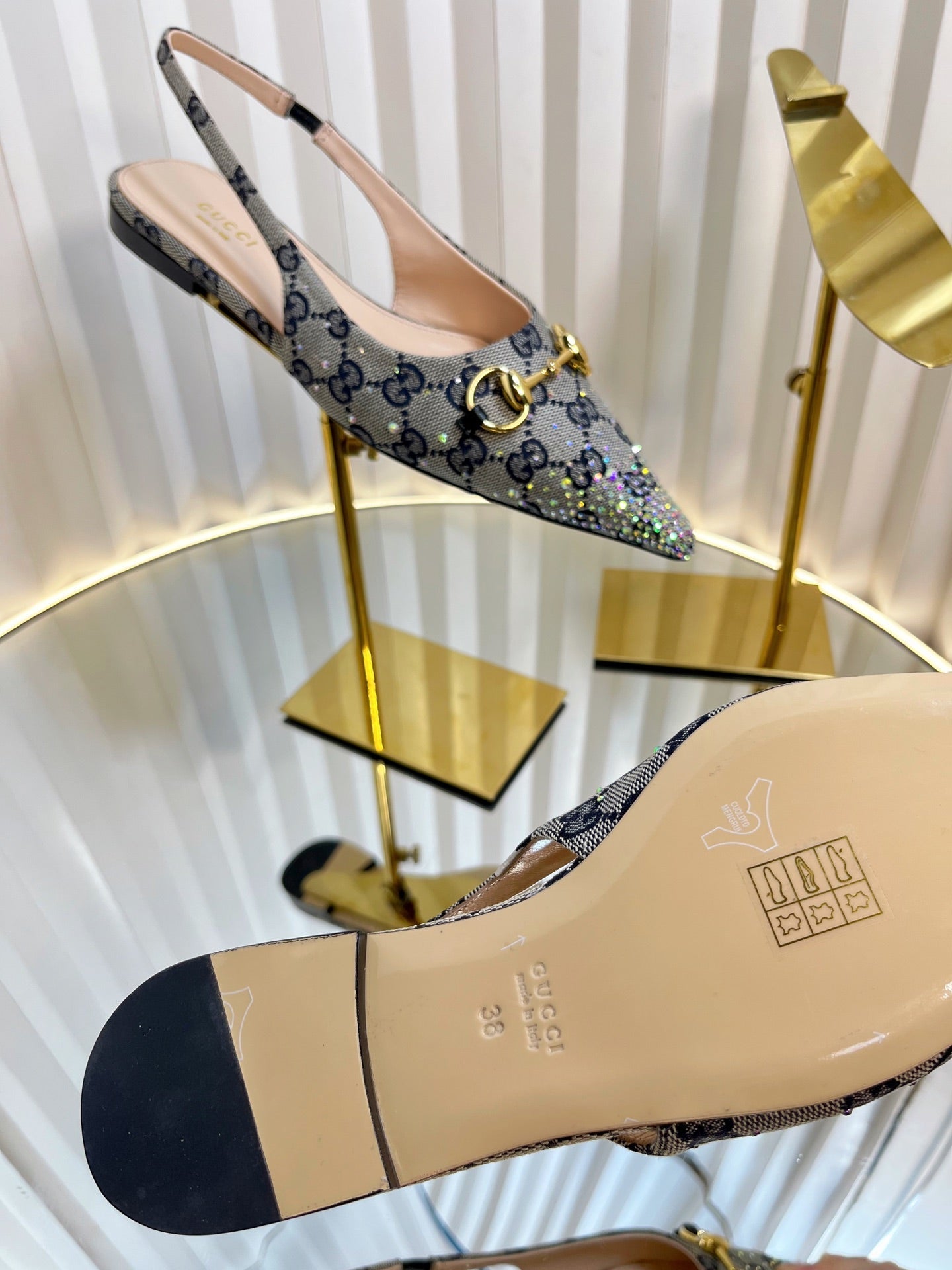 GC Crystal Horsebit Slingback 10mm Beige mix Blue Canvas lambskin 294613