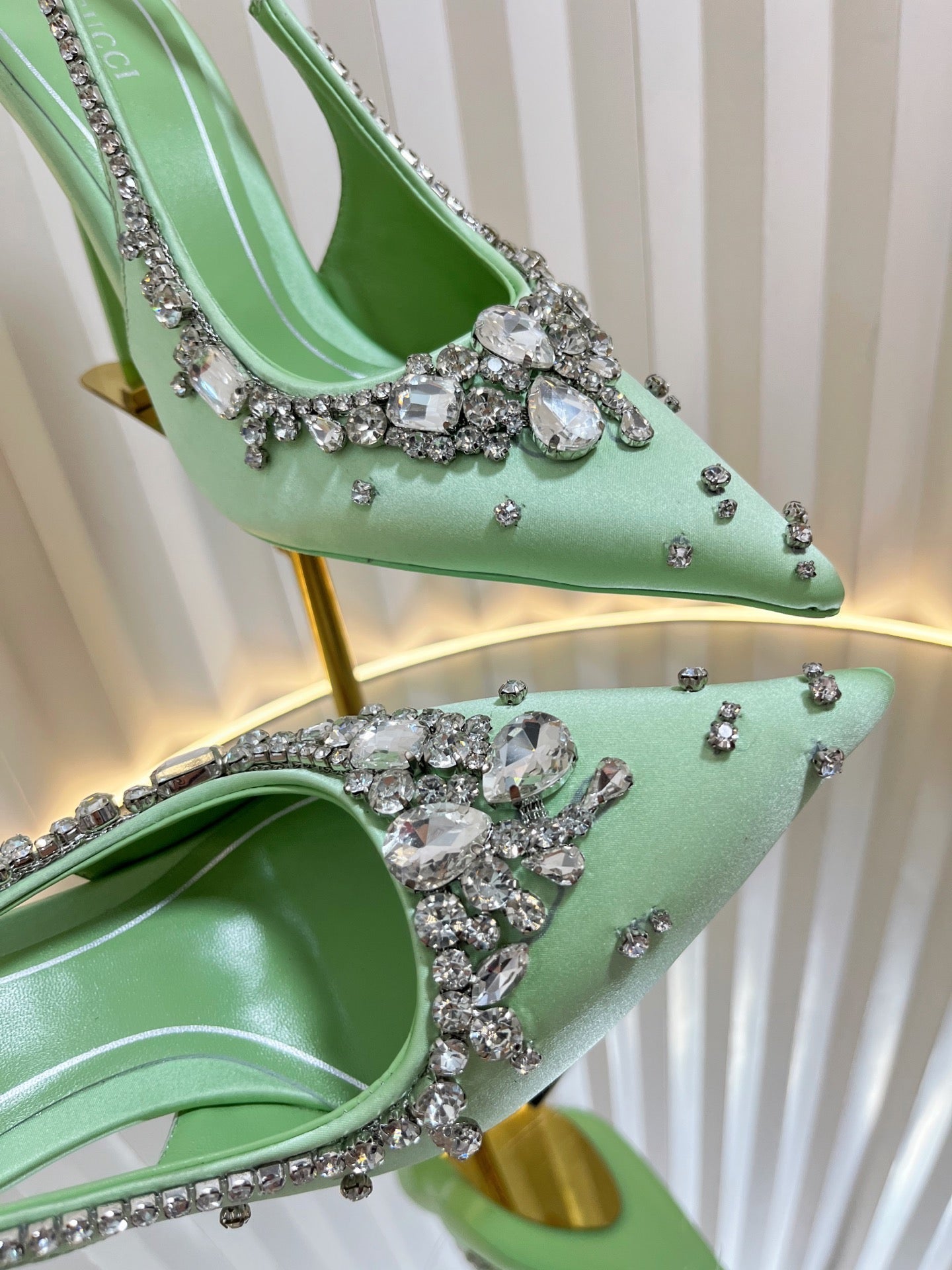 GC 2025 Crystal Embellished High Heels Slingbacks Green Silk Sheepskin 294525