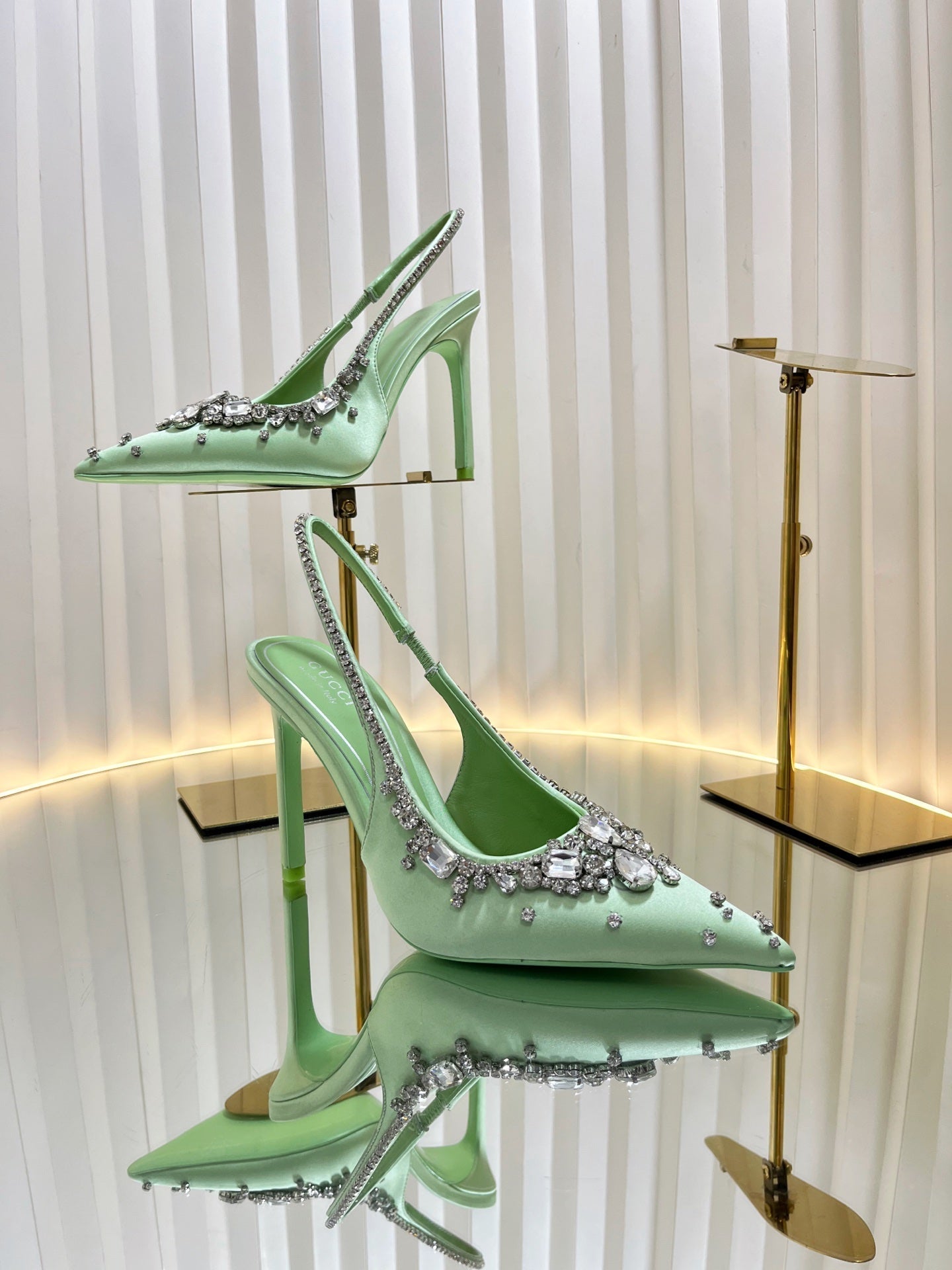 GC 2025 Crystal Embellished High Heels Slingbacks Green Silk Sheepskin 294525